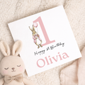 Personalised Girls 1st Birthday Card For Girl Featuring A Cute Bunny In Pink Custom First Birthday Gift