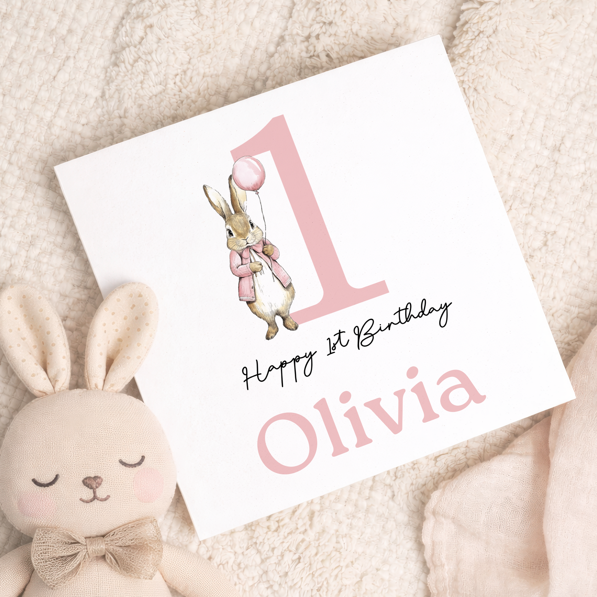 Personalised Girls 1st Birthday Card For Girl Featuring A Cute Bunny In Pink Custom First Birthday Gift