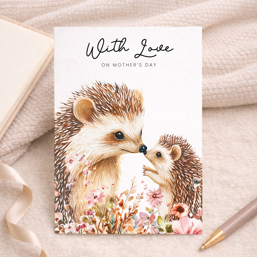 A cute watercolor illustration of a hedgehog on an elegant Mother's Day greeting card, featuring a floral theme with shades of brown, beige, and green.