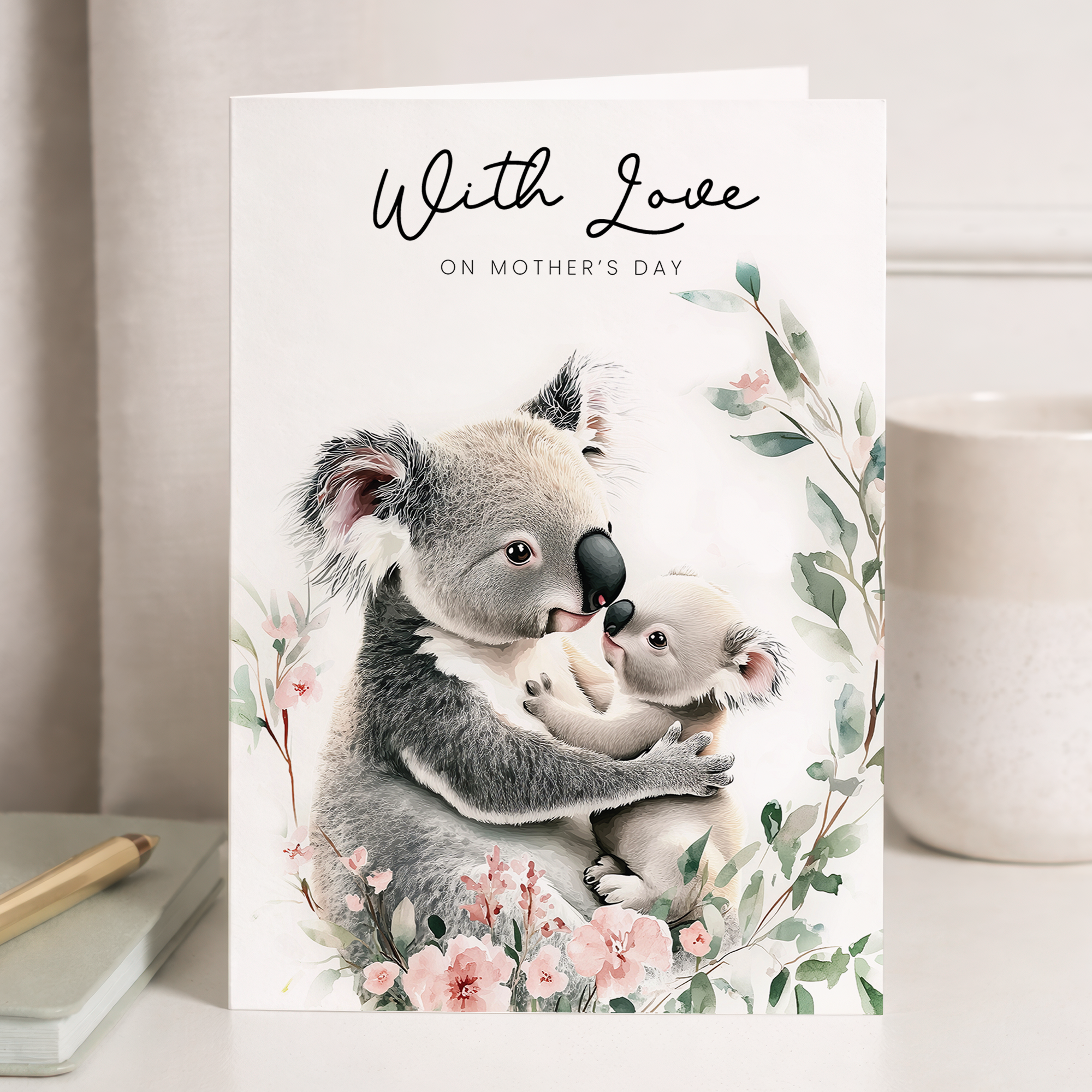 Elegant Mother's Day greeting card for Mum featuring a cute koala illustration with green floral elements.