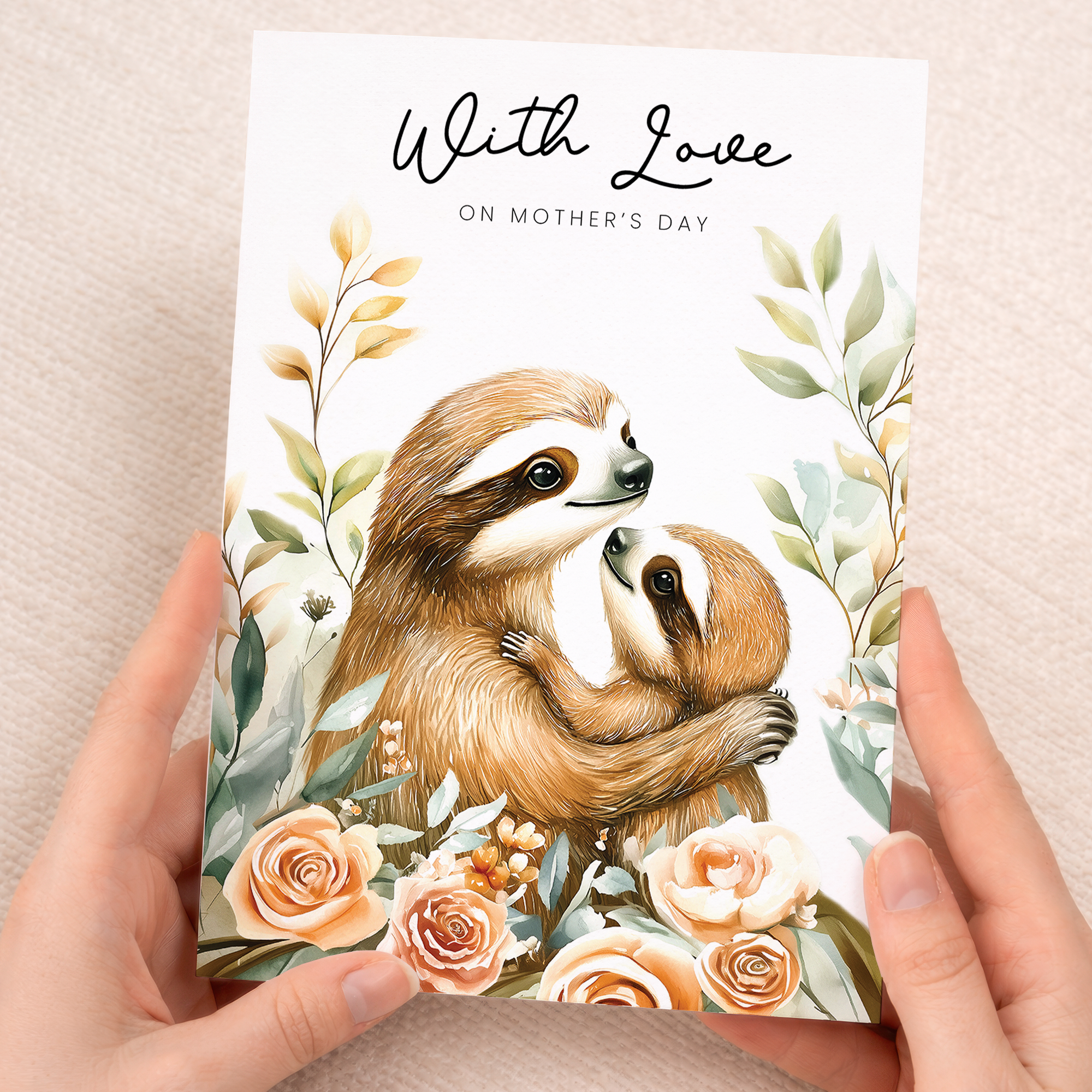 A cute sloth illustration holding a flower on an elegant Mother's Day card for mum, featuring floral details and a brown kraft envelope.