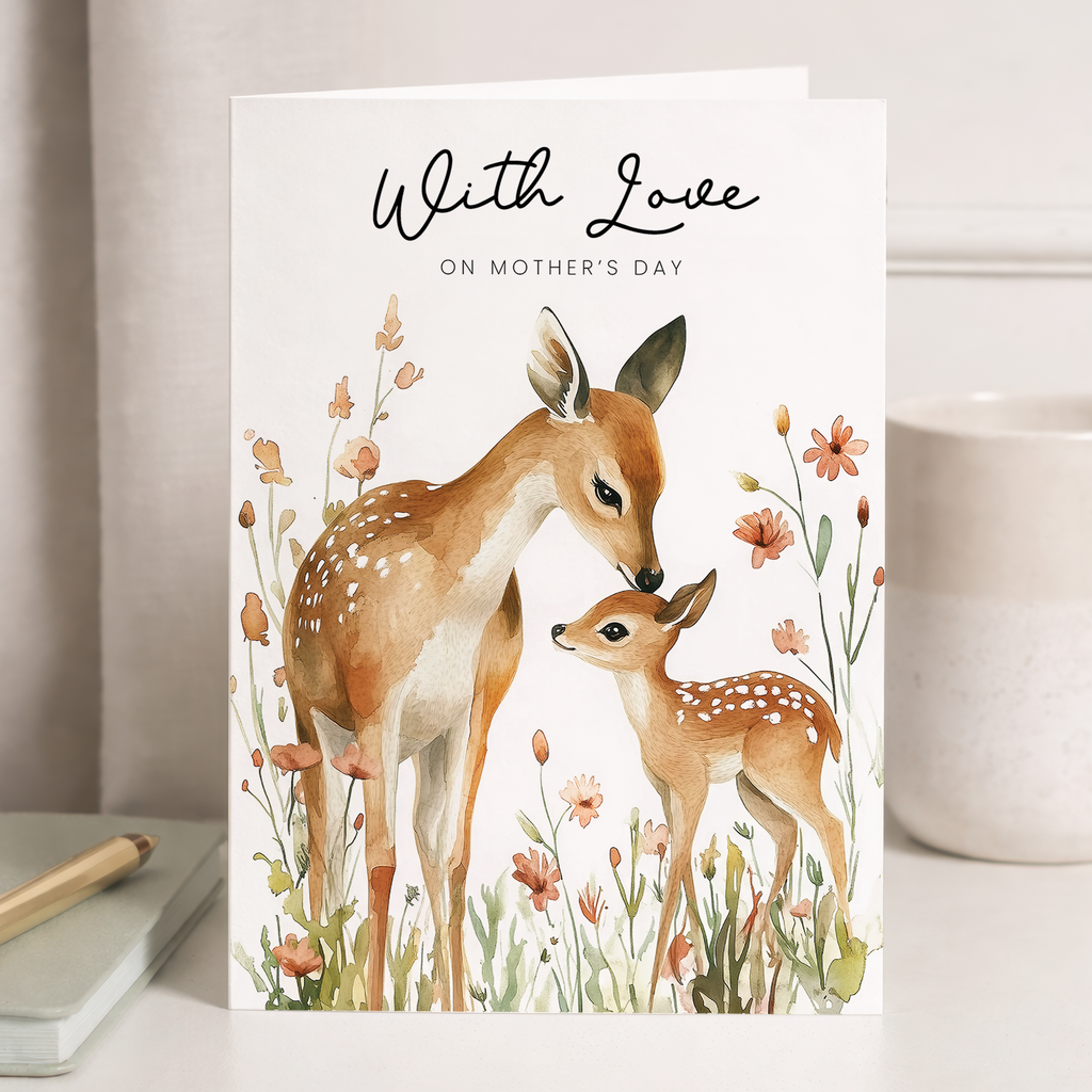 A charming Mother's Day card featuring a cute watercolor illustration of a deer surrounded by delicate floral accents on a clean white background.