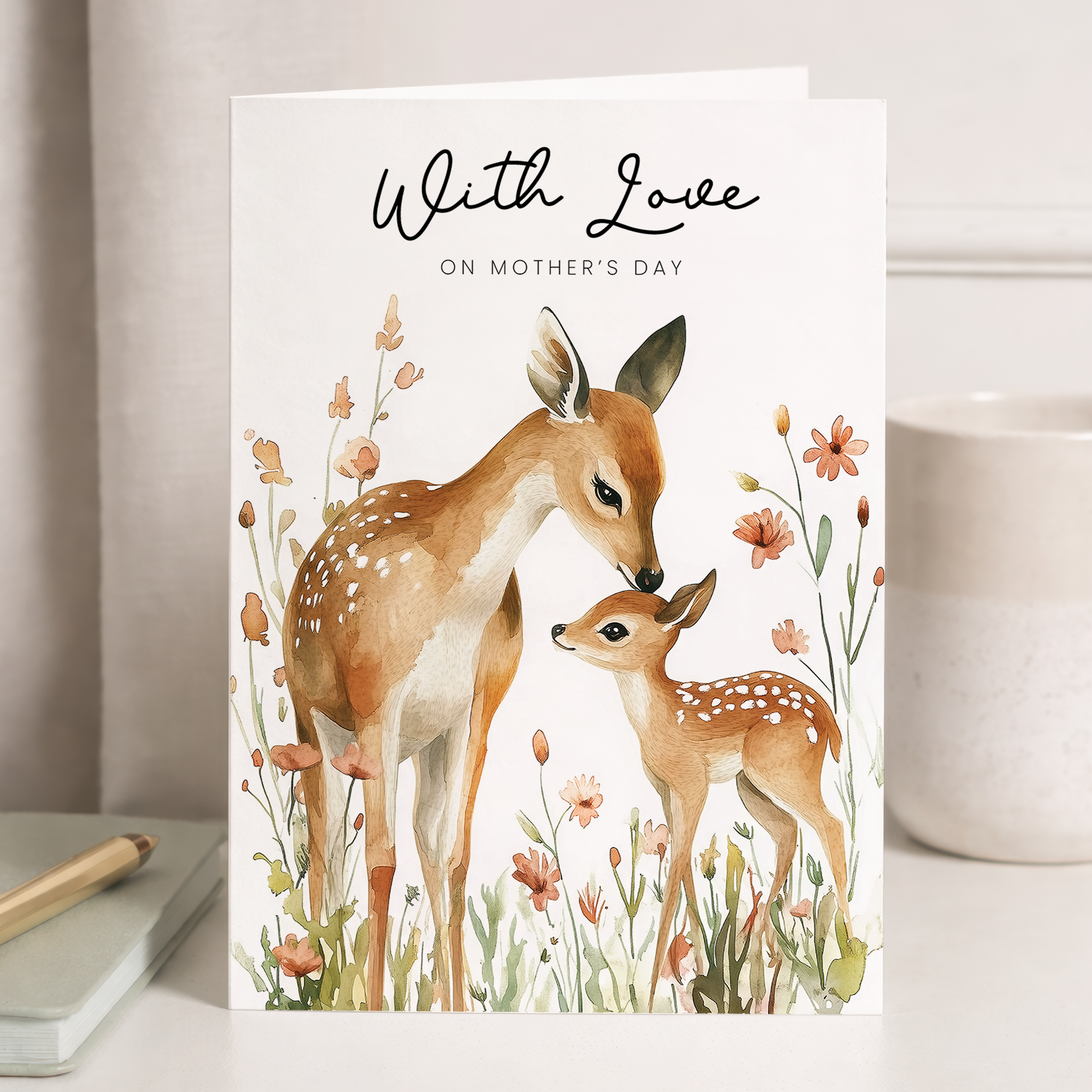 A charming Mother's Day card featuring a cute watercolor illustration of a deer surrounded by delicate floral accents on a clean white background.