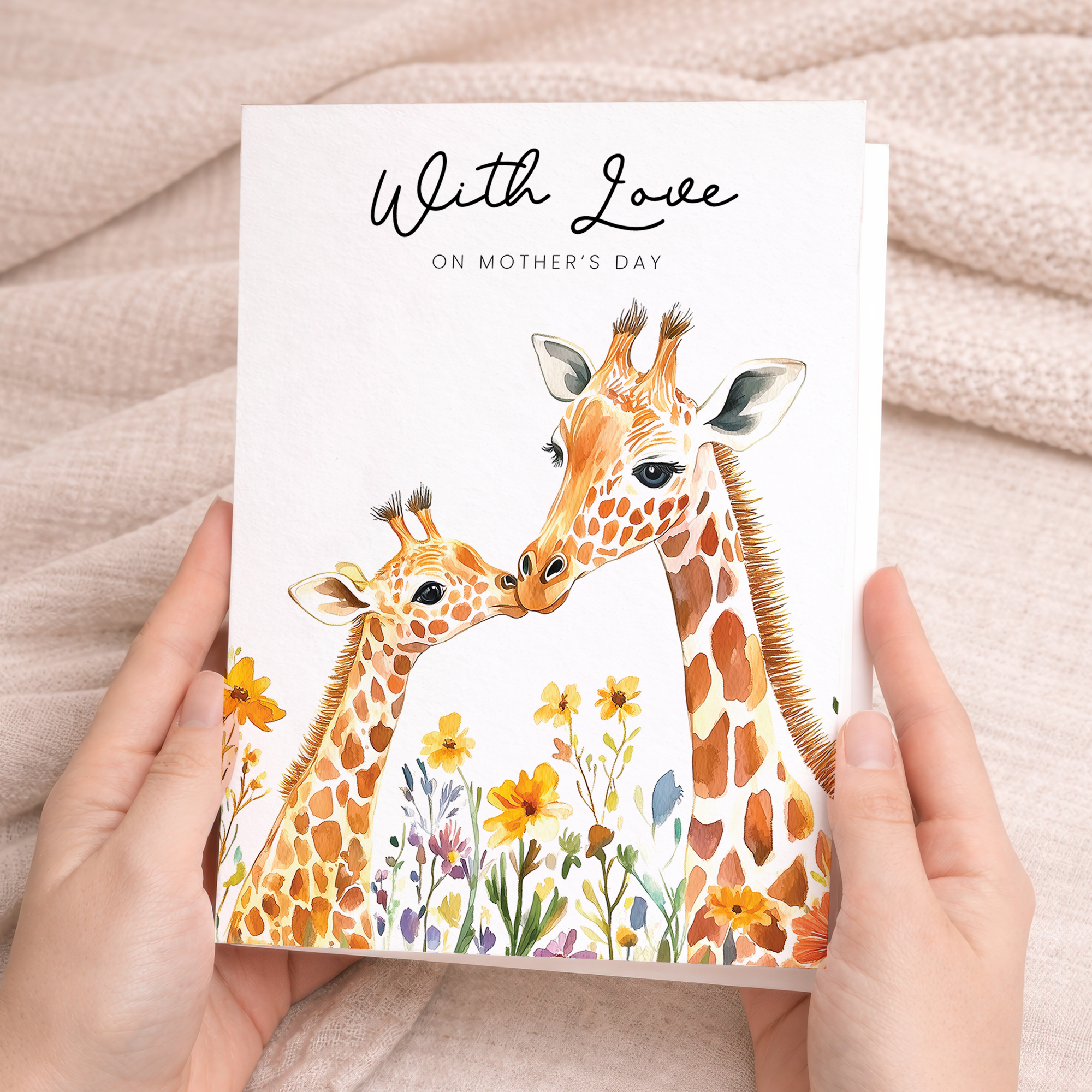 Mother's Day greeting card featuring a cute giraffe illustration with elegant floral patterns in brown, beige, and green tones.