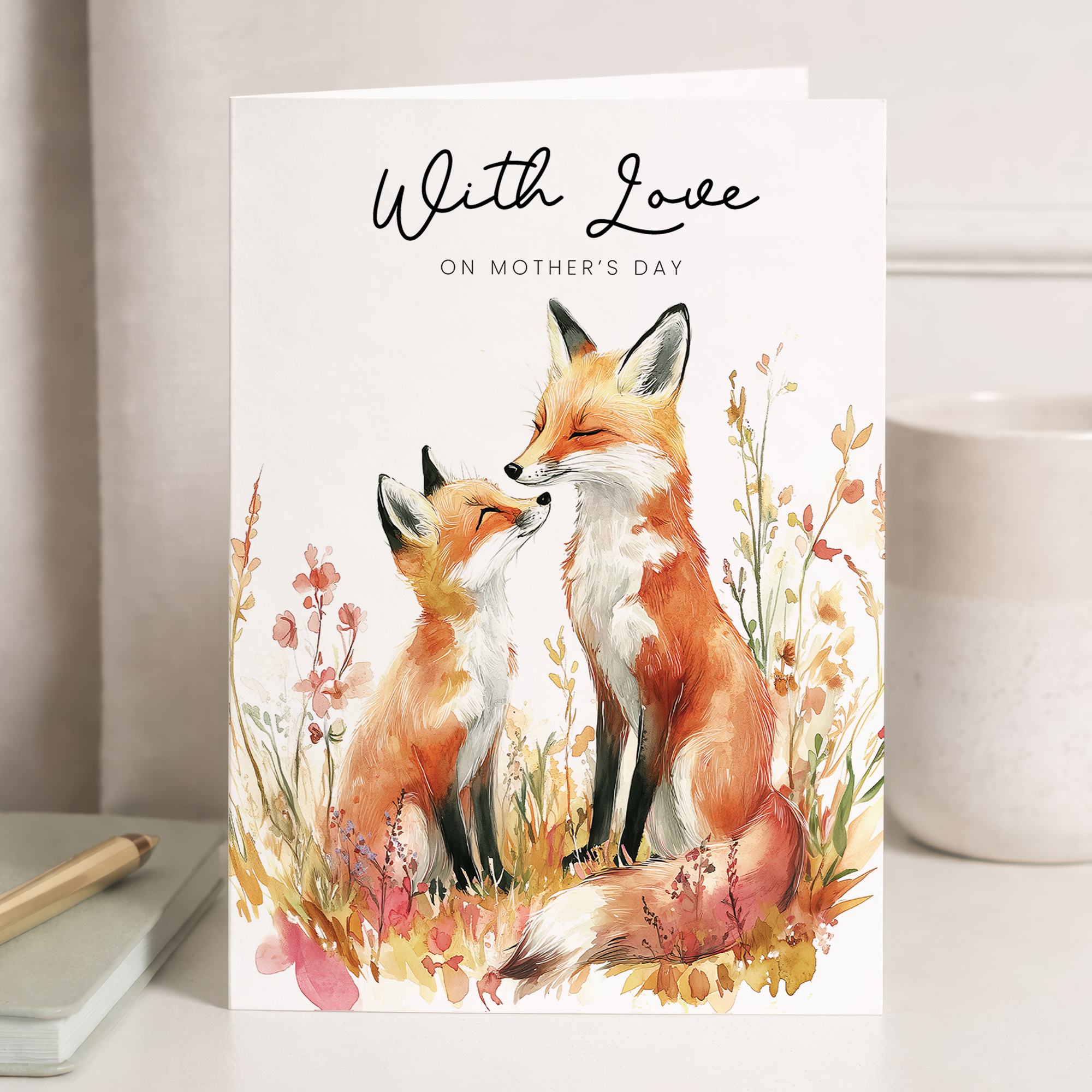 Mother's Day card featuring a cute fox illustration with floral accents for a wildlife lover.
