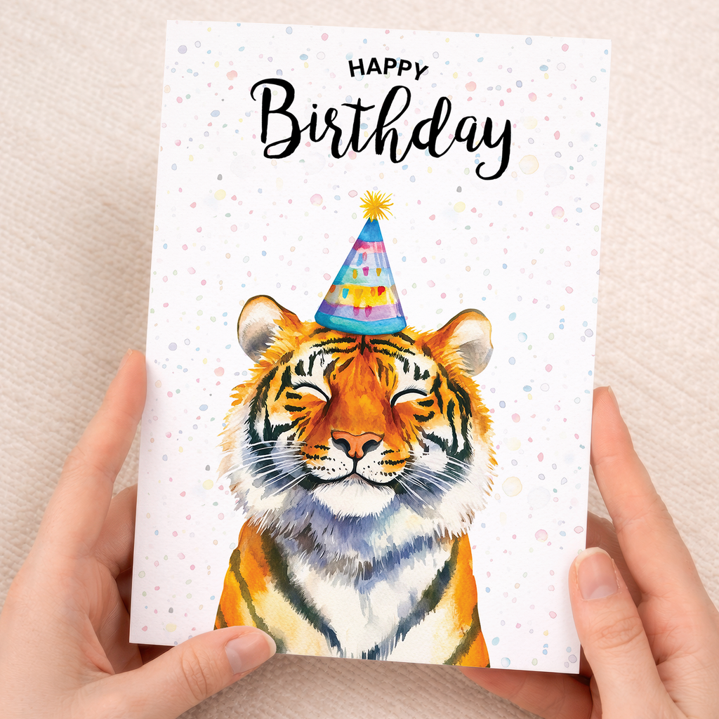 A vibrant watercolor illustration of a tiger's face on a white greeting card with modern, artistic detailing.