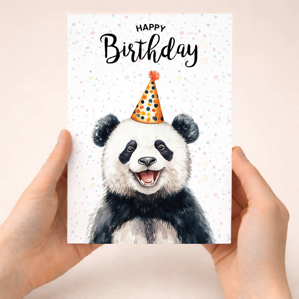 A charming watercolor illustration of a panda sitting and holding a bamboo stalk on a clean white 5x7 birthday card.