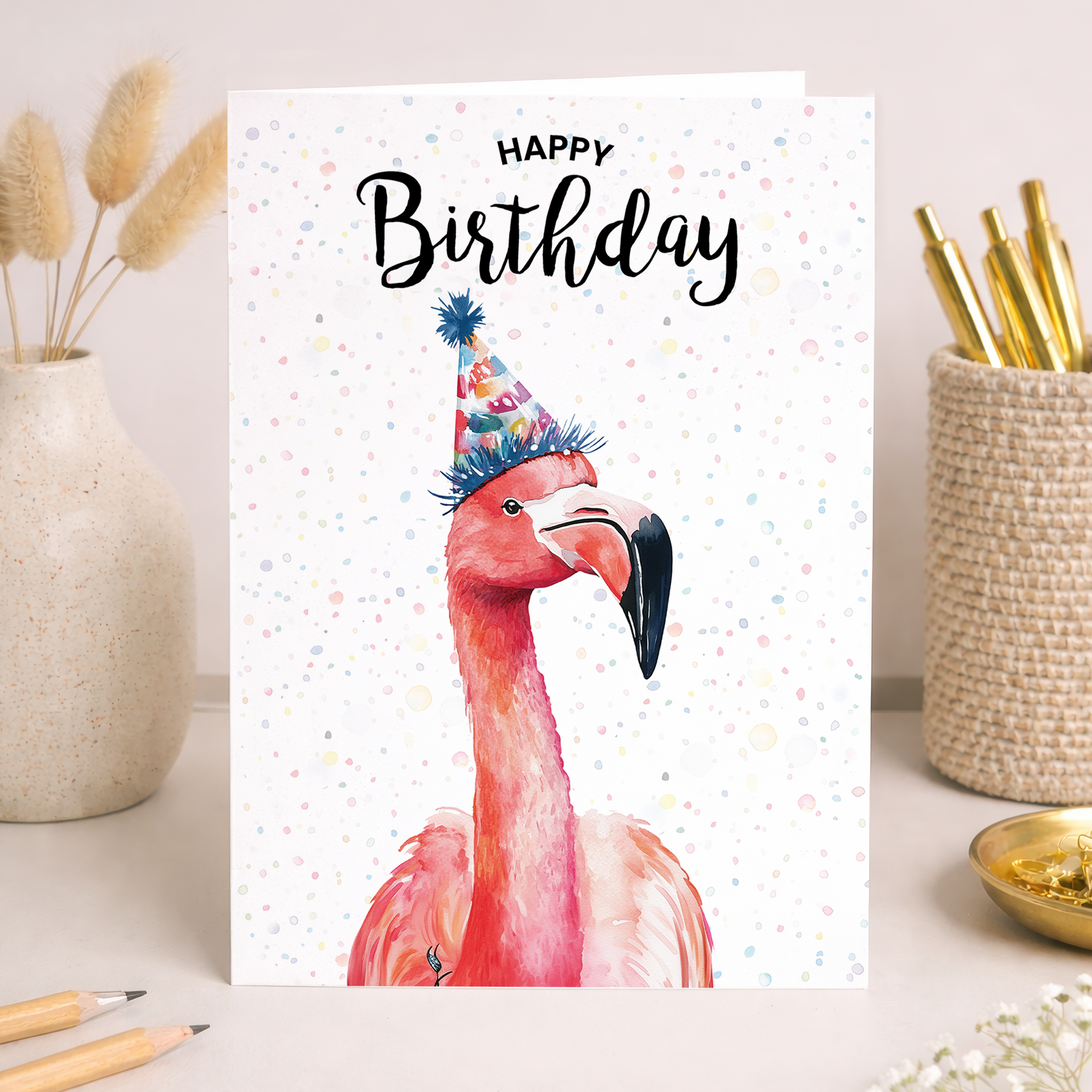 Watercolour illustration of a pink flamingo on a 5x7 birthday card.