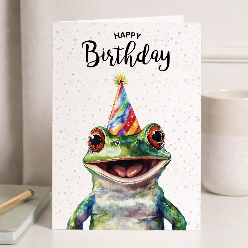 A watercolor illustration of a cute green frog on a white birthday card.