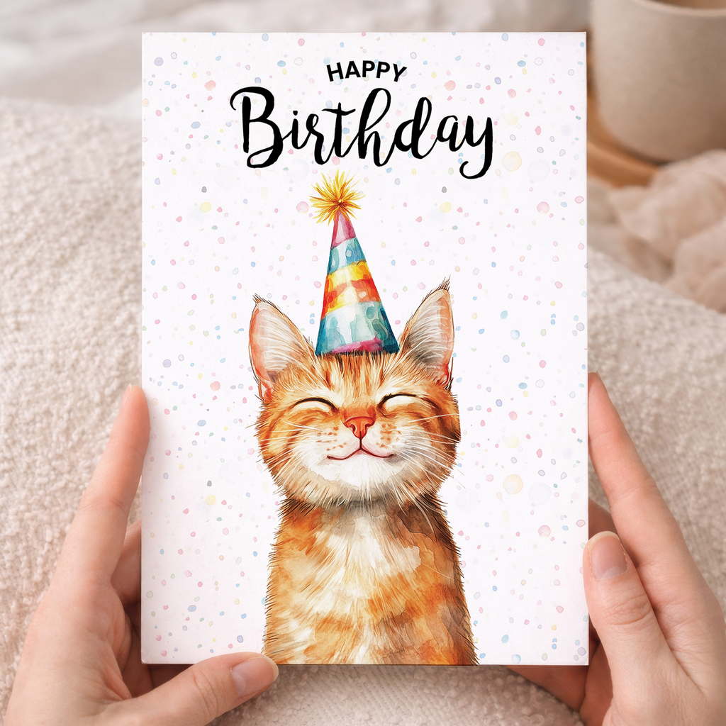 A birthday card featuring a watercolour illustration of a ginger cat on a white background.