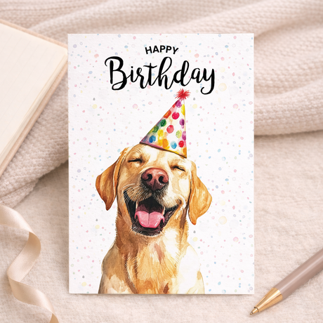 A vibrant watercolour illustration of a friendly Golden Labrador retriever on a white greeting card.