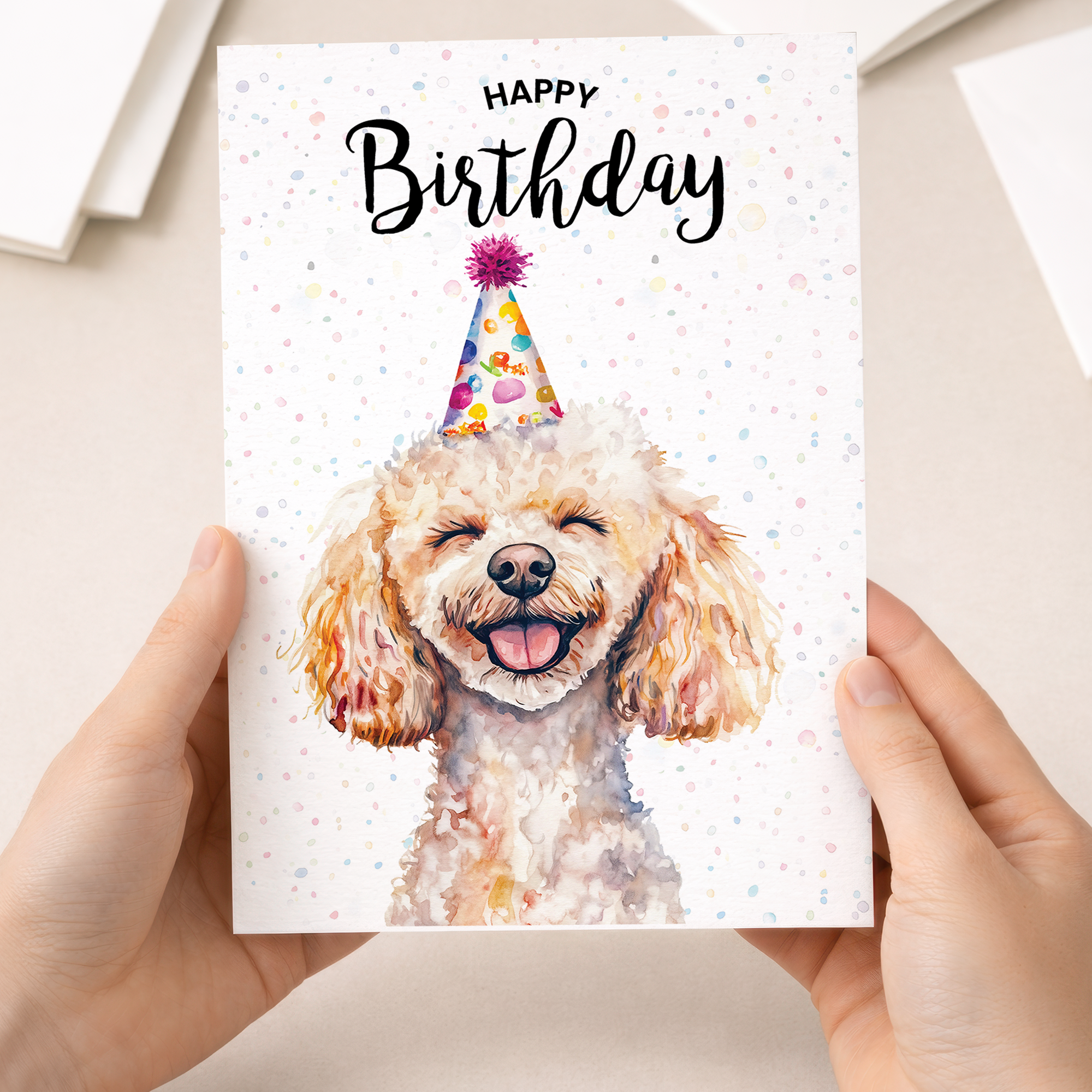 A watercolour poodle dog illustration on a birthday greeting card.