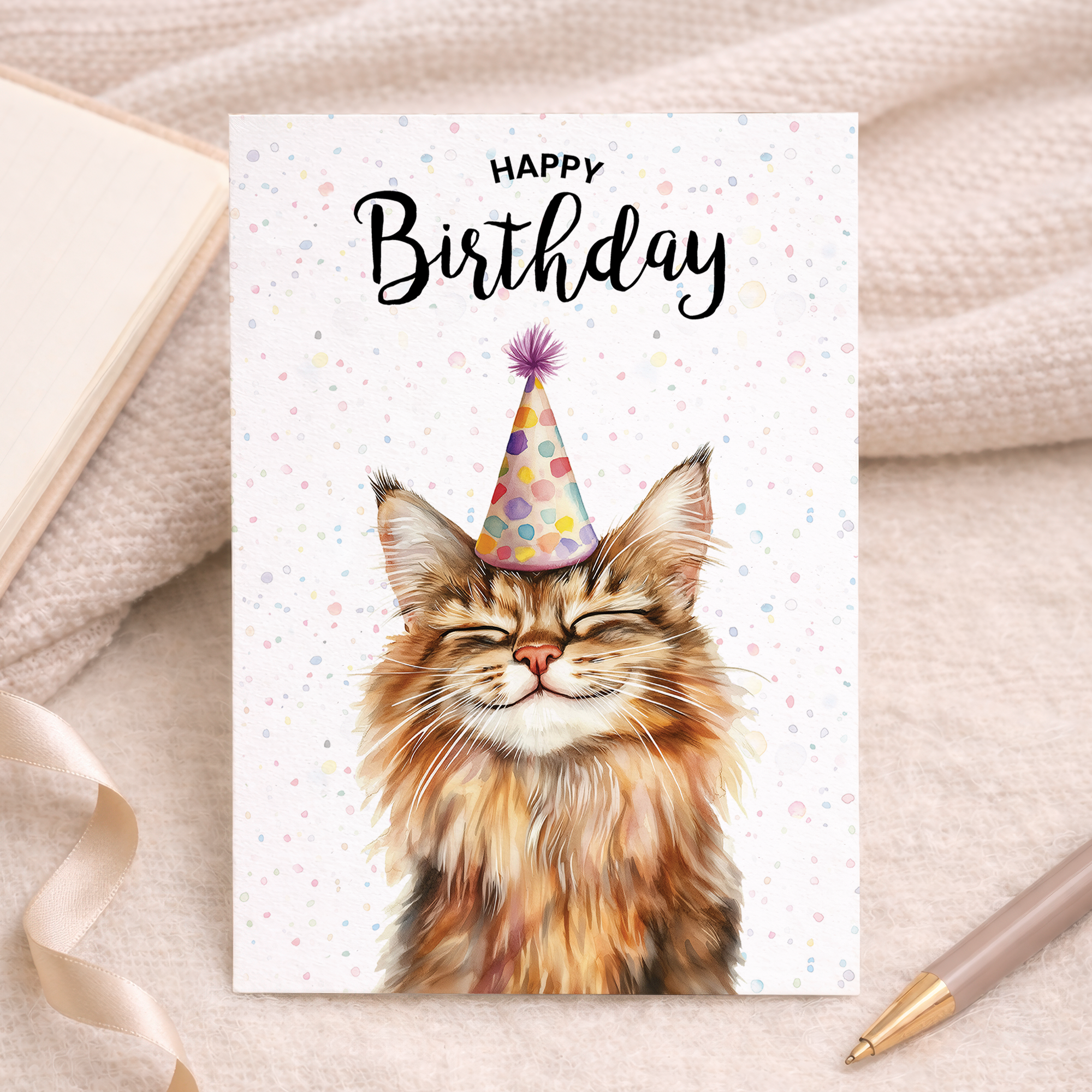 Watercolor illustration of a Maine Coon cat on a 5x7 birthday card for him or her.