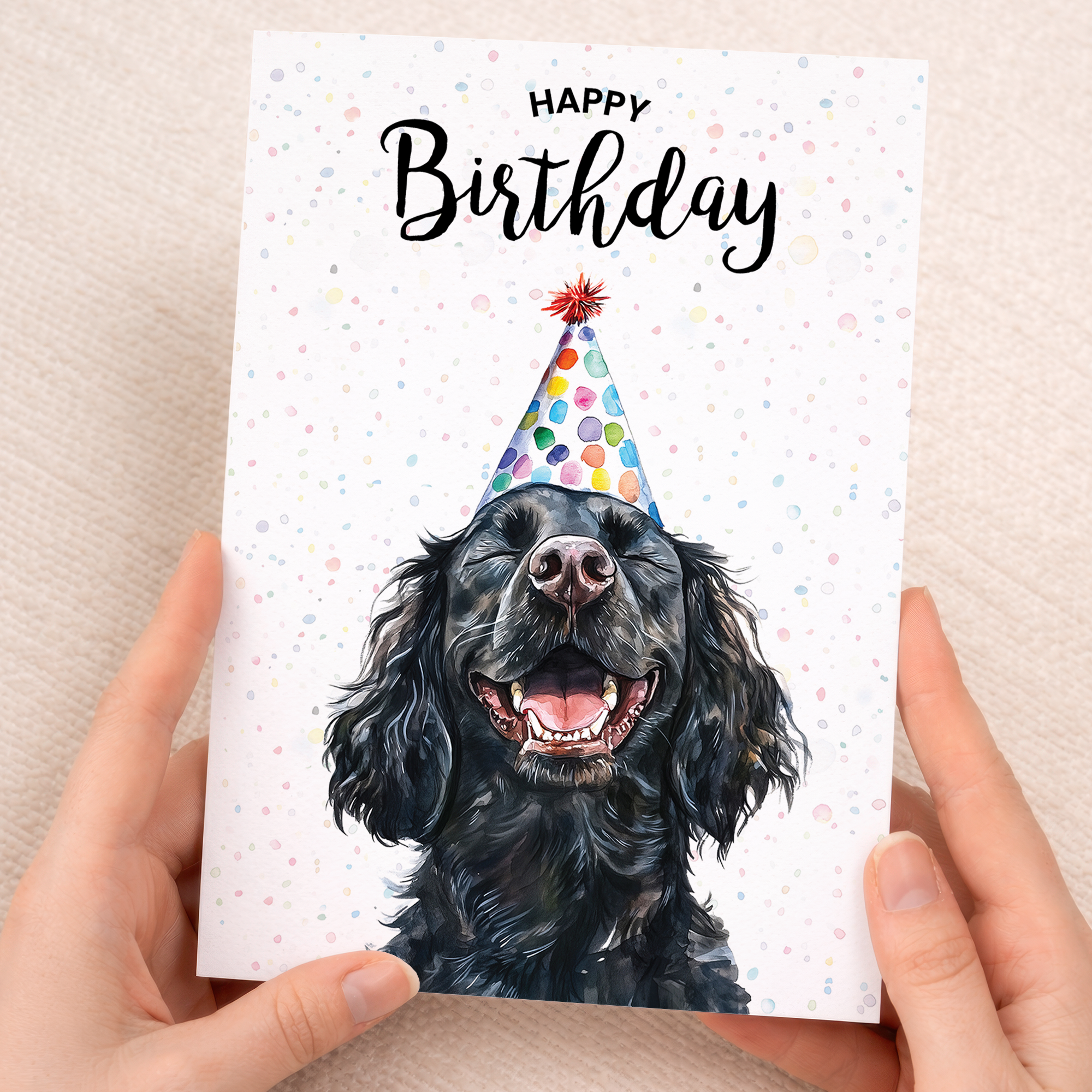 A watercolor illustration of a Cocker Spaniel dog on a birthday greeting card.