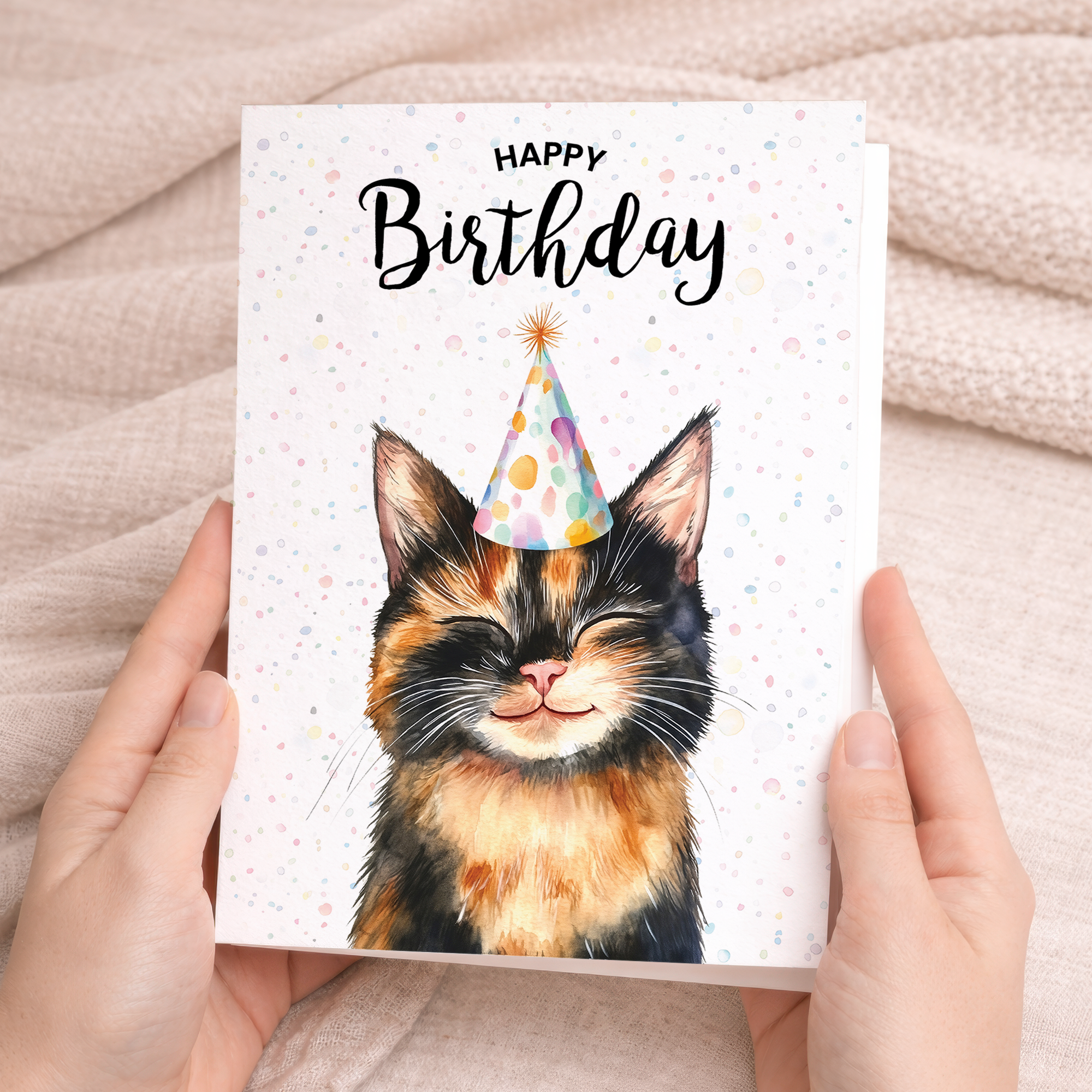 Charming watercolor illustration of a tortoiseshell cat on a 5x7 birthday card, featuring a mix of black, orange, and brown fur patches.