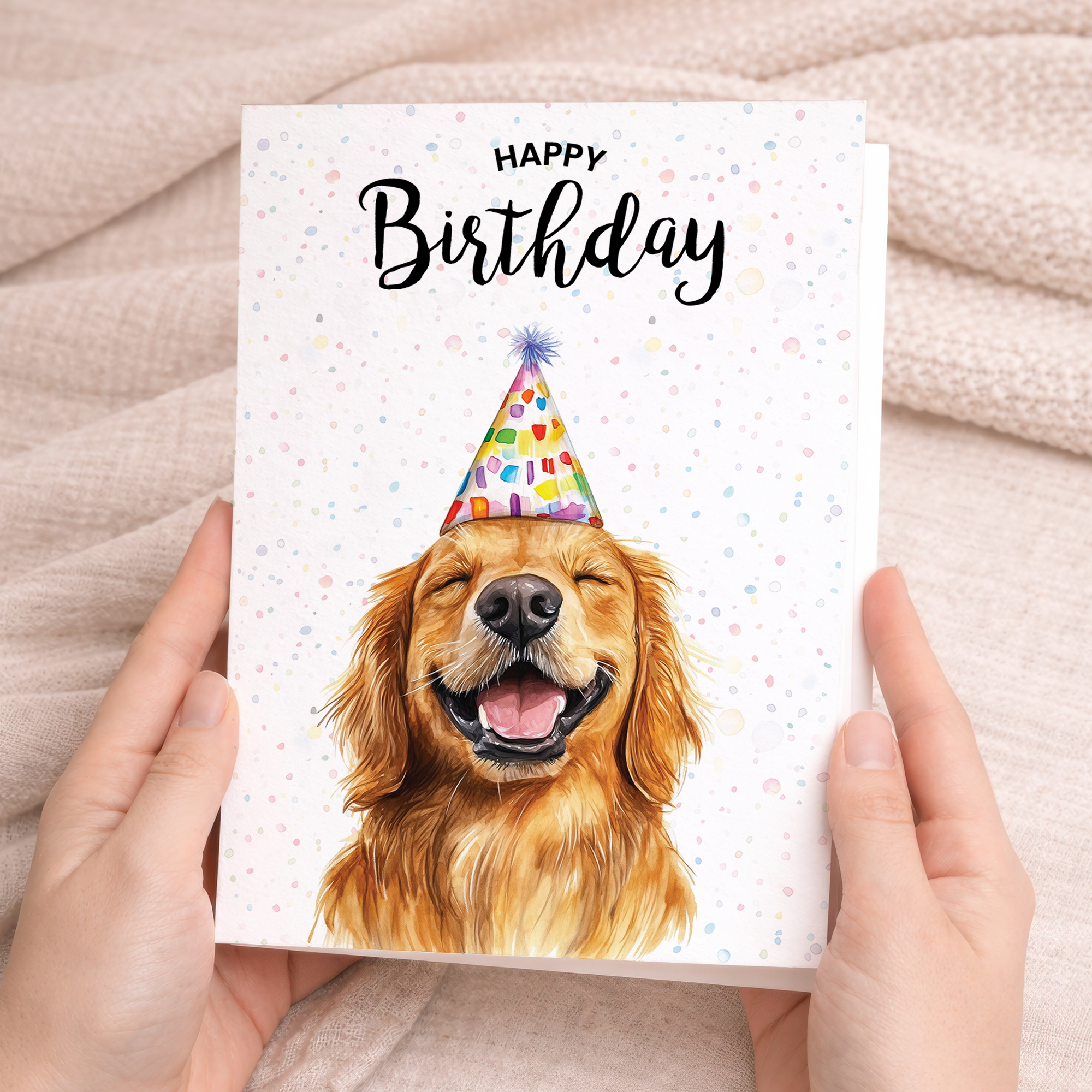 Watercolor illustration of a Golden Retriever dog on a birthday greeting card.