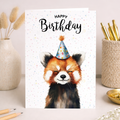 A vibrant watercolor illustration of a cute red panda wearing a colorful party hat on a high-quality greeting card.