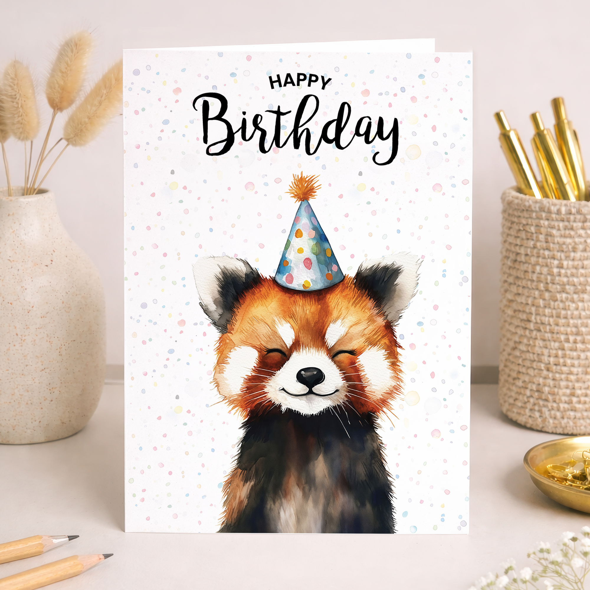 A vibrant watercolor illustration of a cute red panda wearing a colorful party hat on a high-quality greeting card.