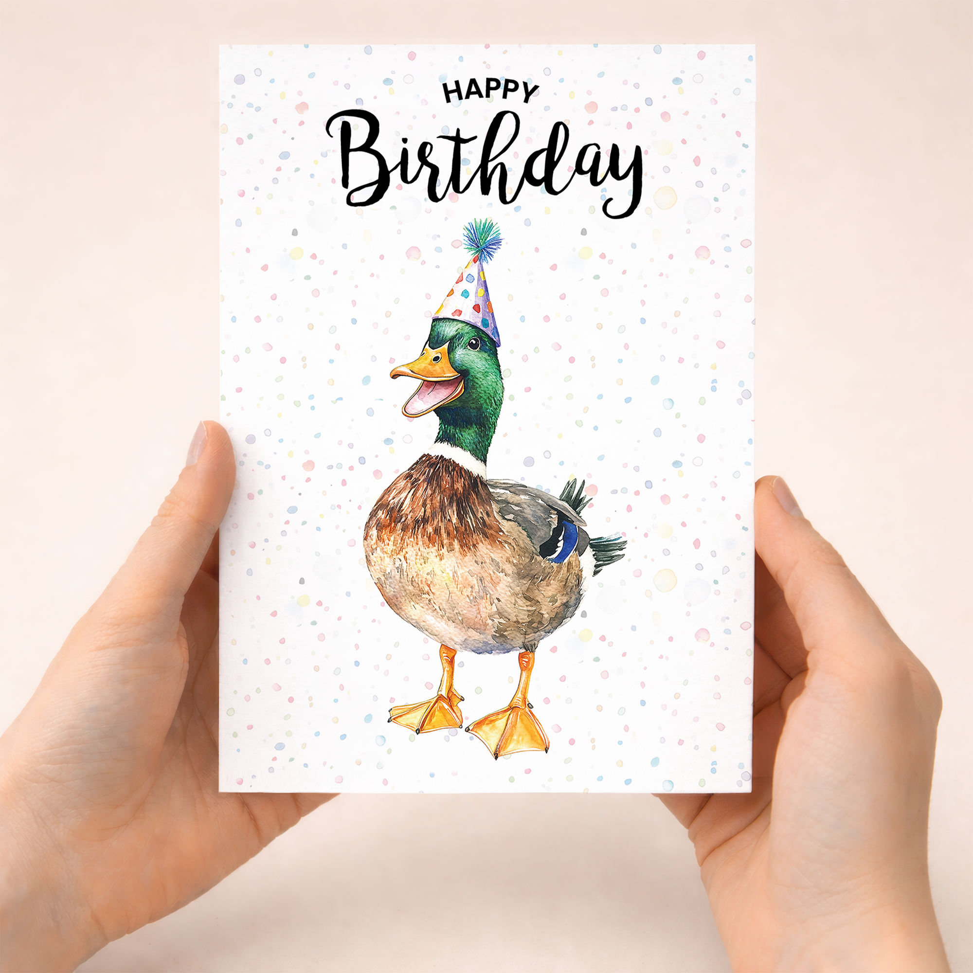 A watercolor illustration of a charming duck on a 5x7 birthday card, suitable for anyone.