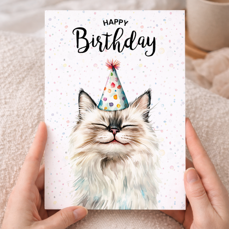Watercolor illustration of a Ragdoll cat on a modern birthday greeting card.