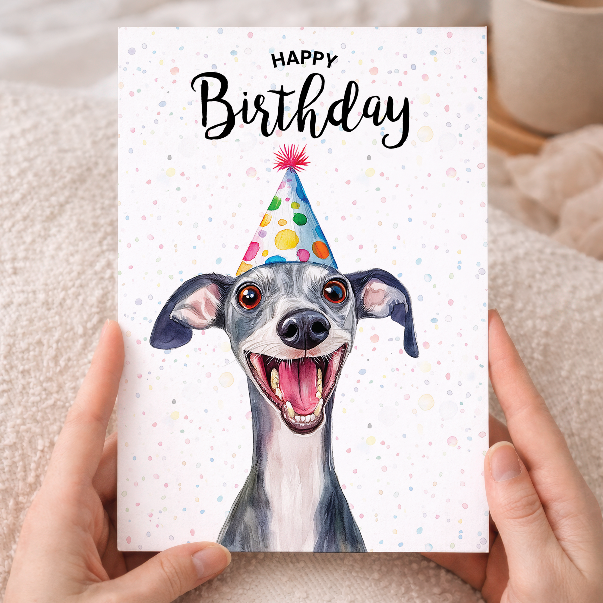 Watercolor illustration of a whippet dog on a birthday greeting card.