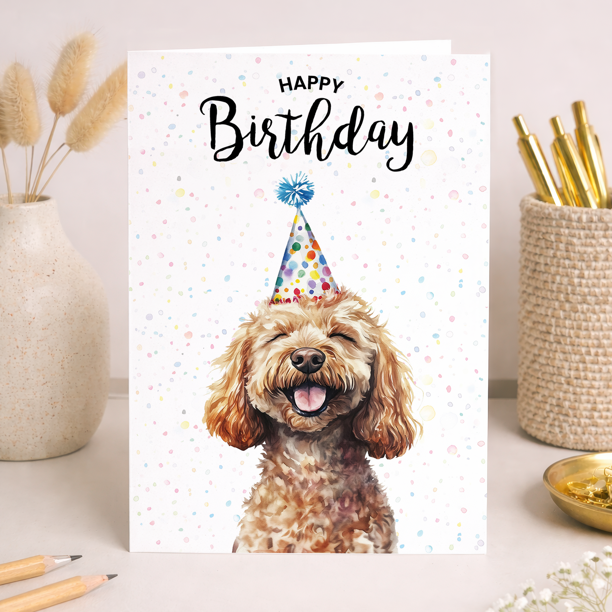 A watercolour illustration of a cute Cockerpoo dog on a birthday card for him or her.