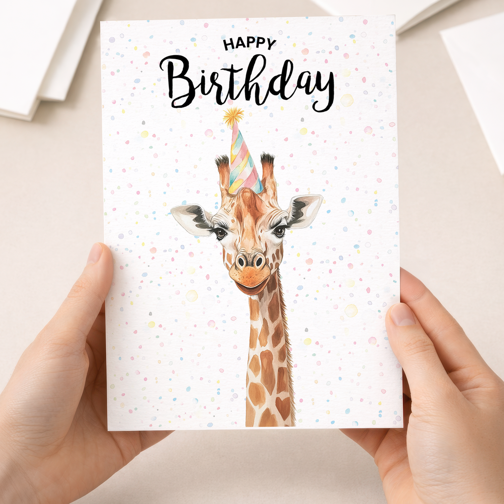 Watercolour illustration of a giraffe on a birthday greeting card.