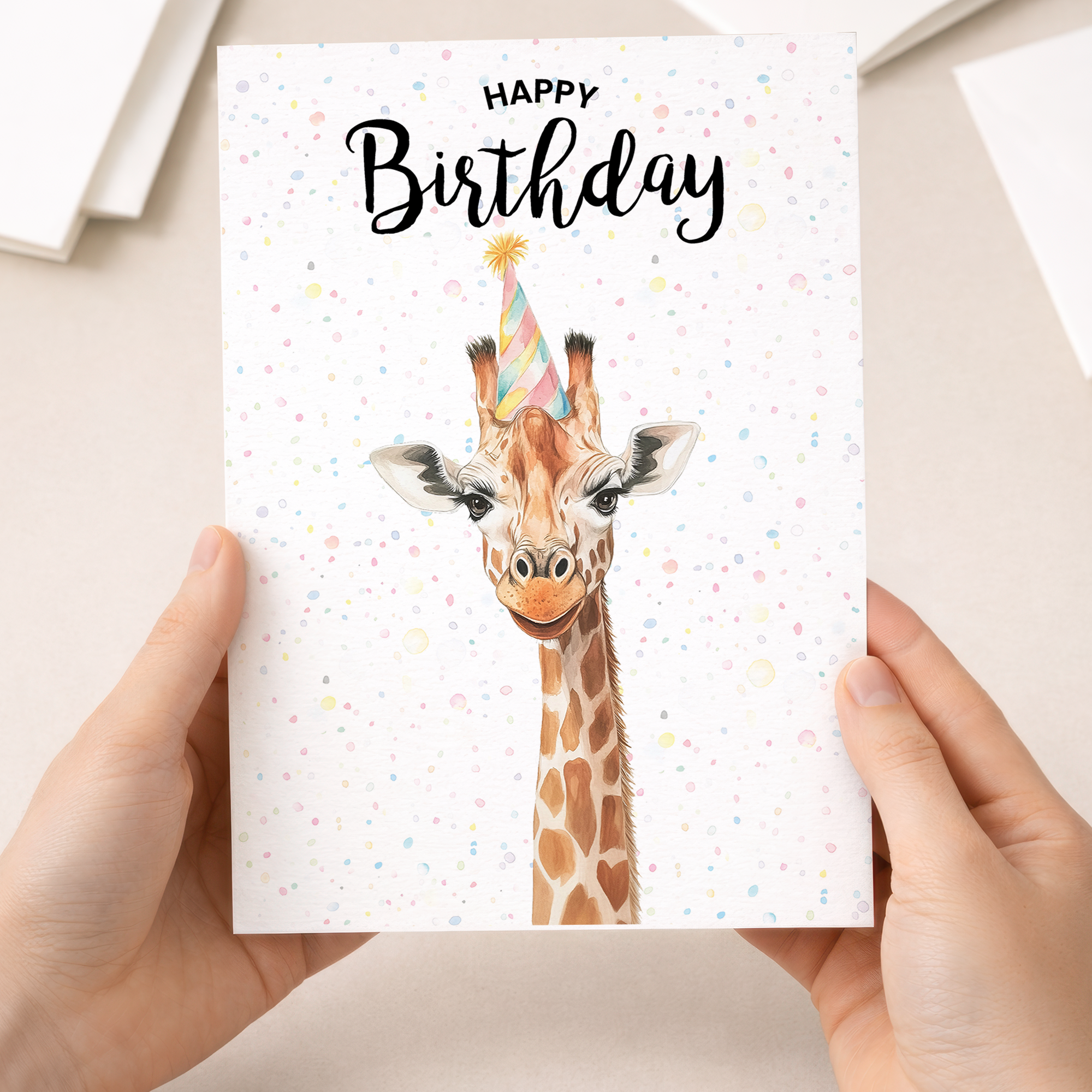 Watercolour illustration of a giraffe on a birthday greeting card.