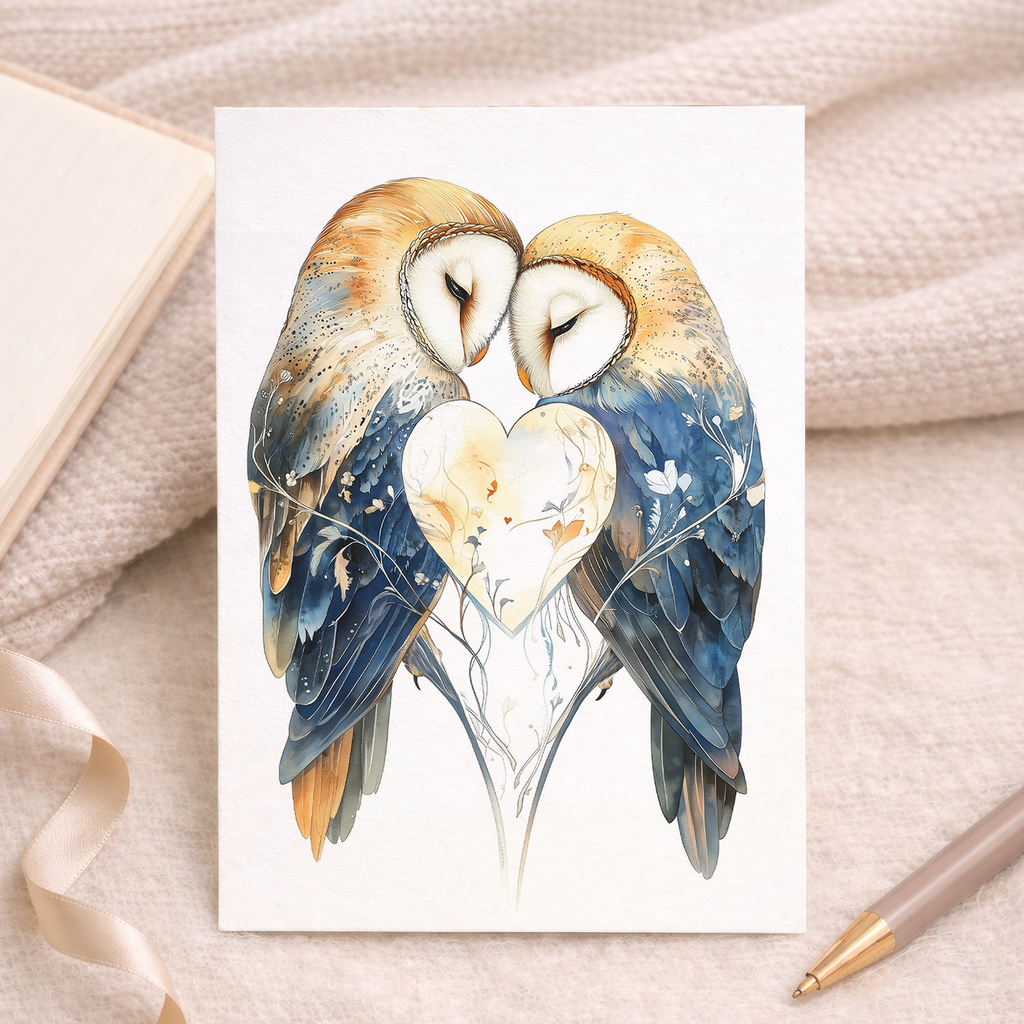 Illustrated anniversary greeting card featuring two cute brown owls sitting together on a branch, surrounded by a romantic blue and beige background with a white heart.