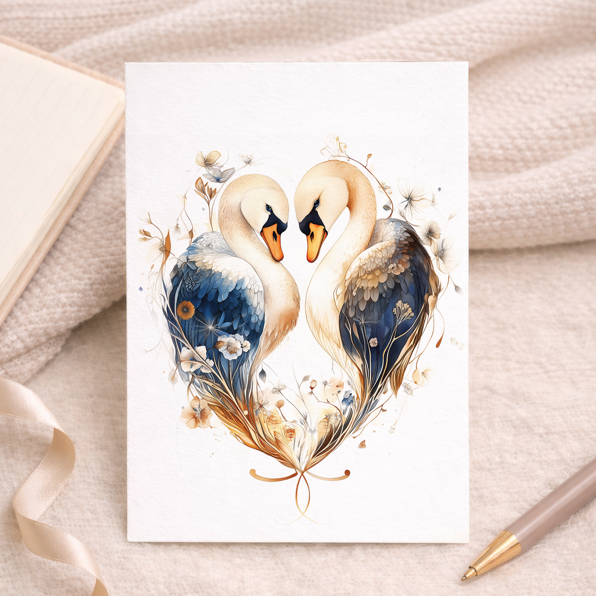 Anniversary card featuring an elegant illustration of two swans facing each other on a blue and beige background.