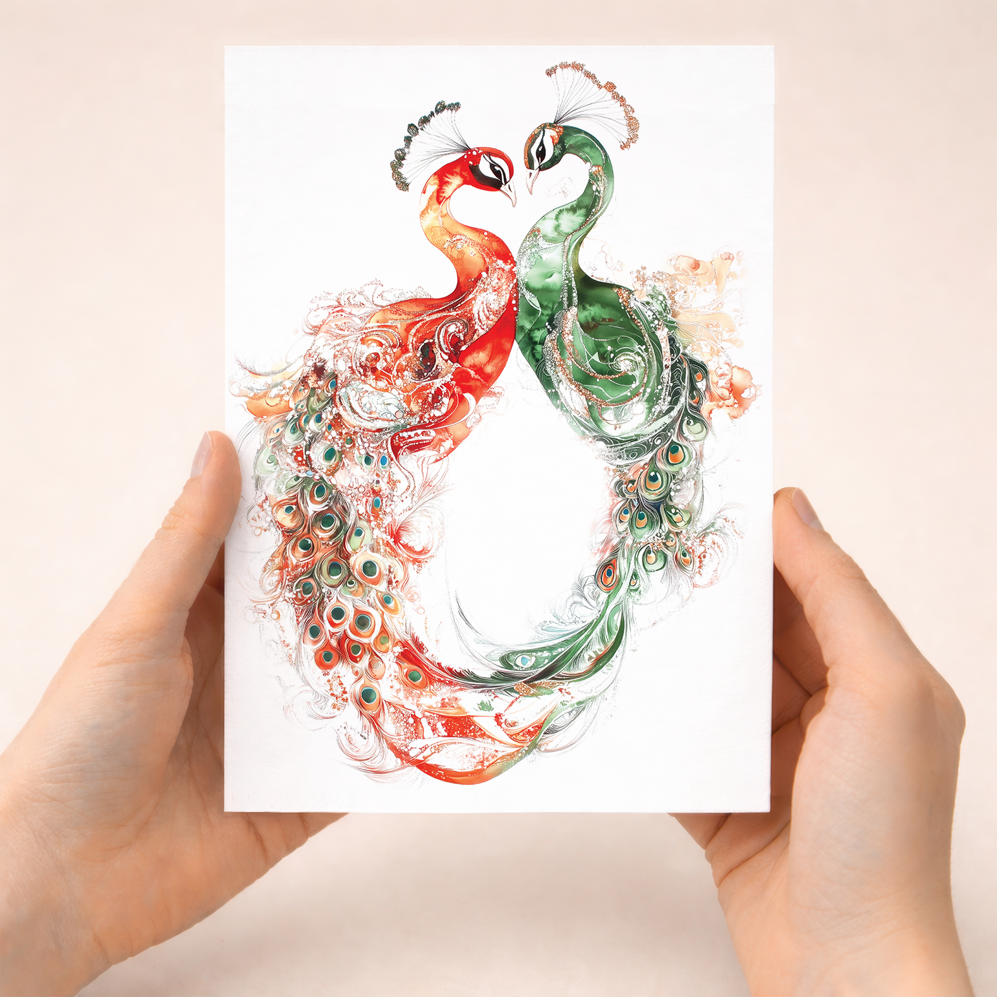 Intricate peacock illustration with vibrant green and blue feathers on a cream background for an anniversary greeting card.