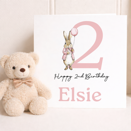 Personalised Girls 1st Birthday Card For Girl Featuring A Cute Bunny In Pink Custom First Birthday Gift
