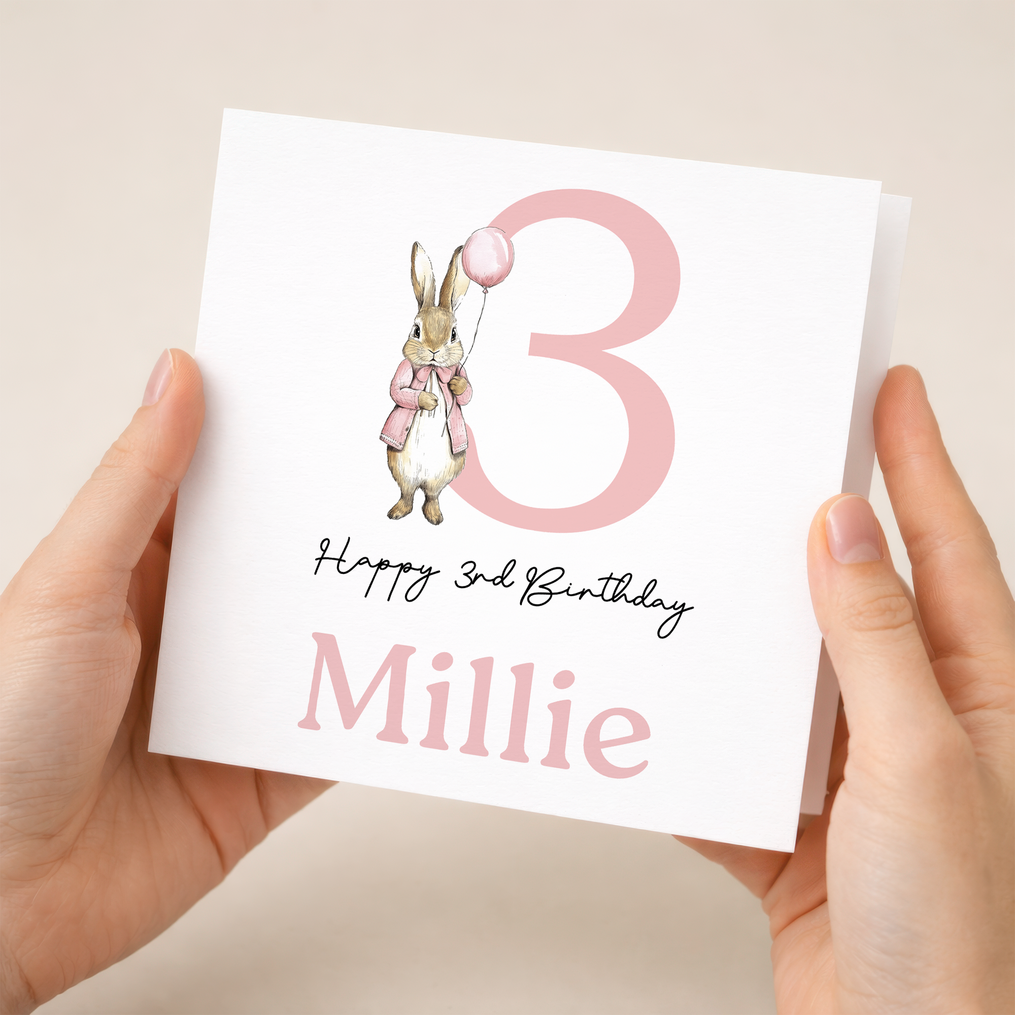 Personalised Girls 1st Birthday Card For Girl Featuring A Cute Bunny In Pink Custom First Birthday Gift
