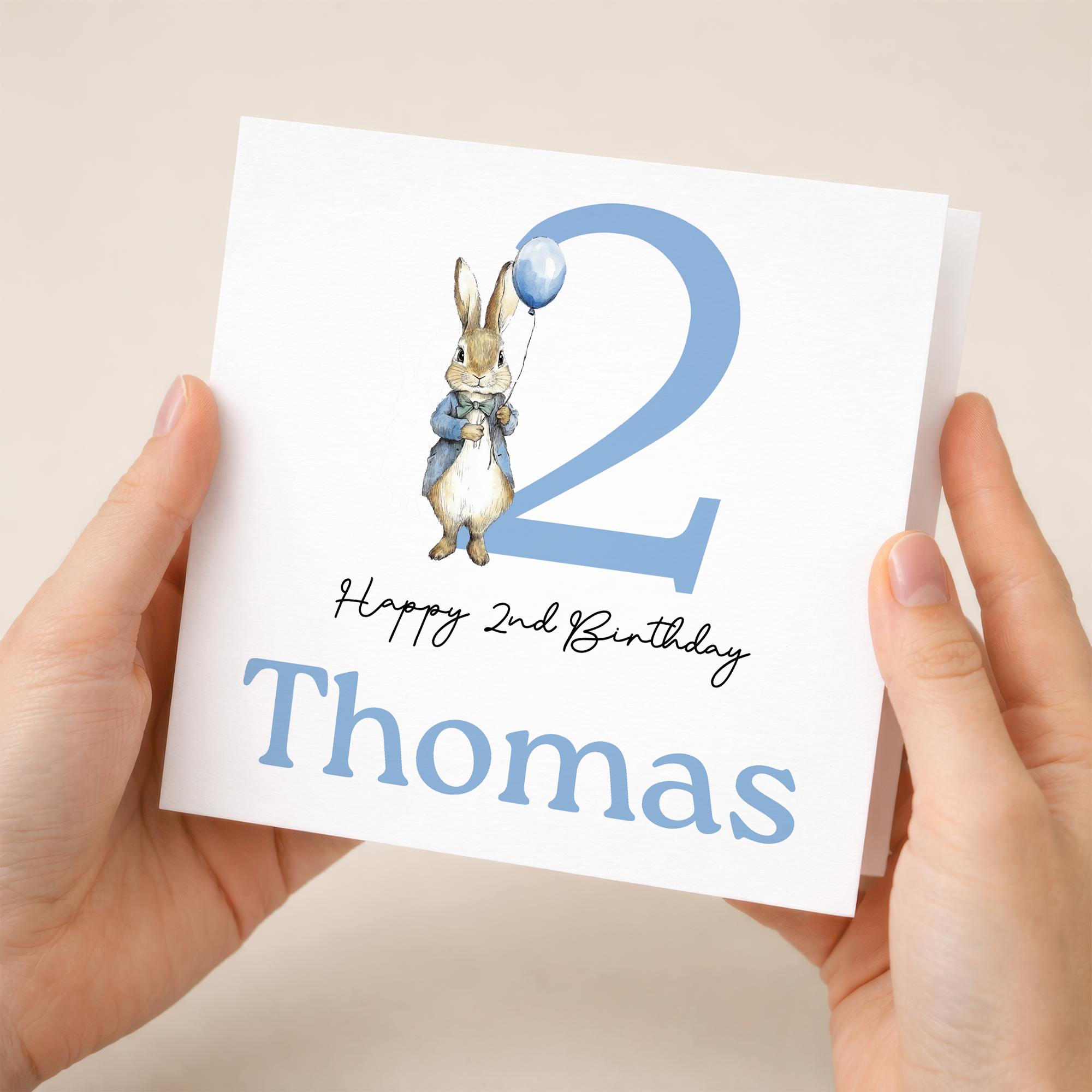 Personalised Boys 1st, 2nd or 3rd Birthday Card For Boy Featuring A Cute Bunny In Blue Custom Birthday Gift