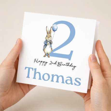 Personalised Boys 1st, 2nd or 3rd Birthday Card For Boy Featuring A Cute Bunny In Blue Custom Birthday Gift