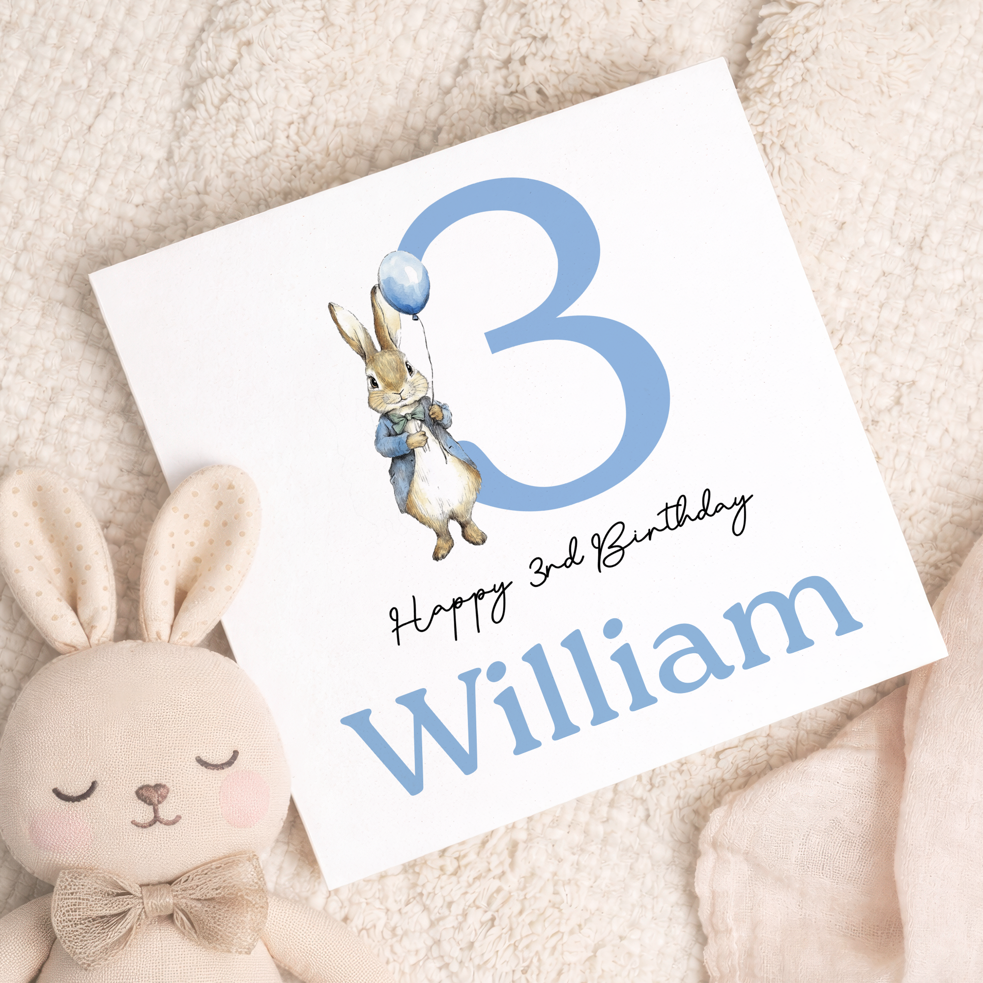 Personalised Boys 1st, 2nd or 3rd Birthday Card For Boy Featuring A Cute Bunny In Blue Custom Birthday Gift
