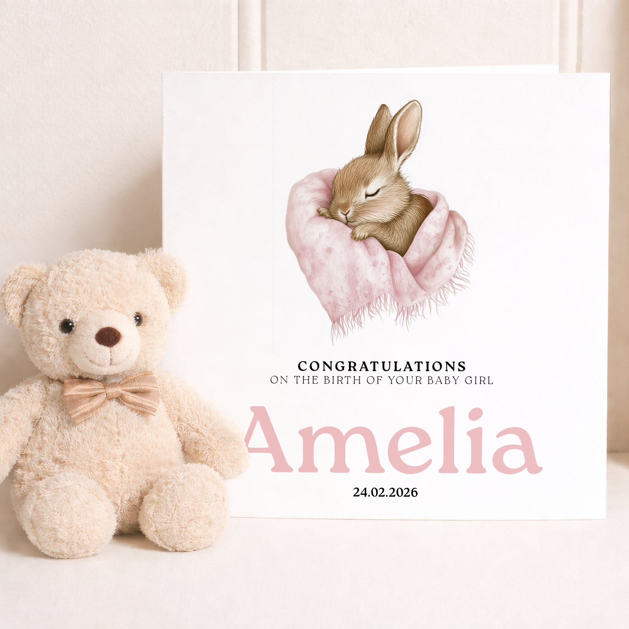 Personalised Baby Girl Card – Eco Friendly New Baby Keepsake with Bunny – UK Birth Gift