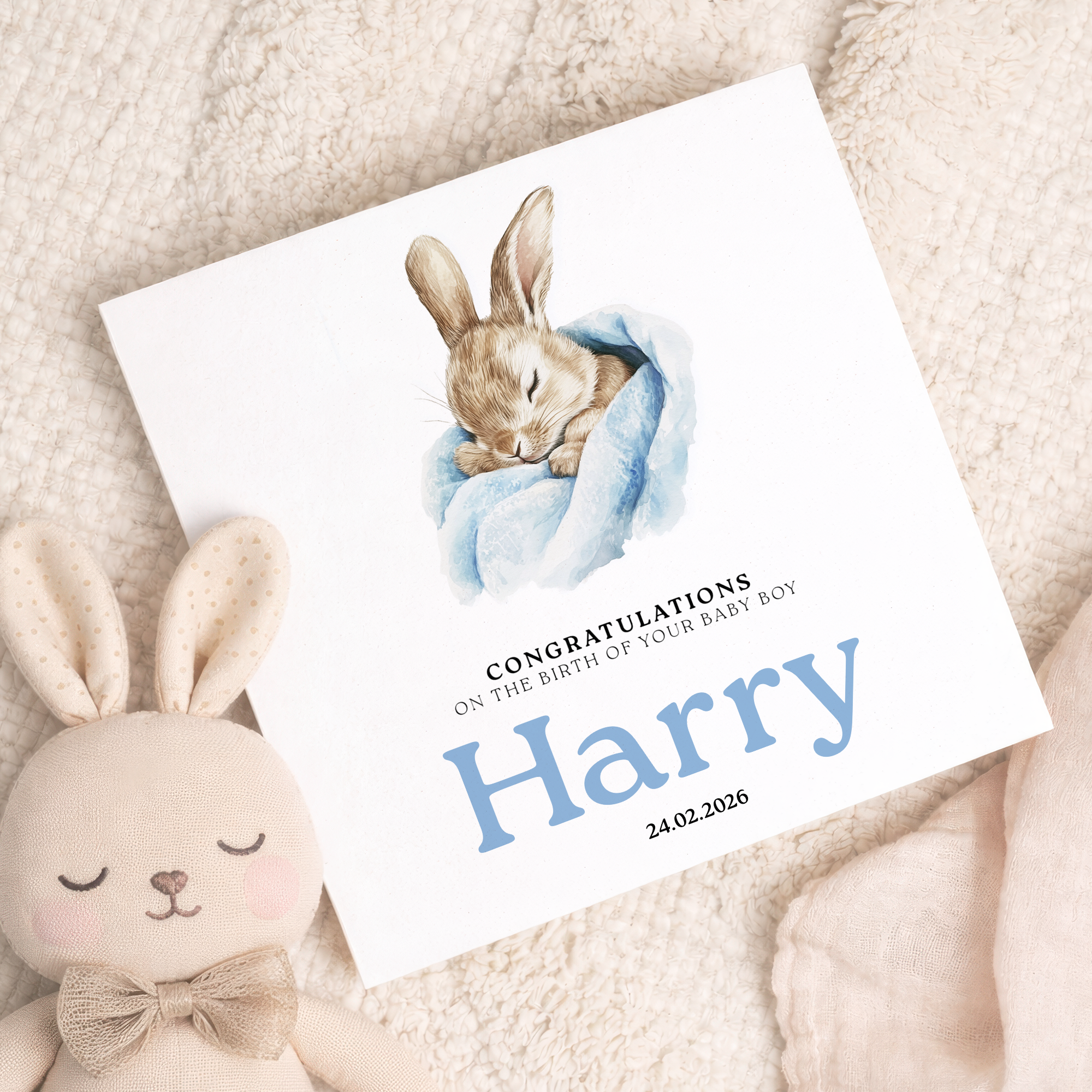 Personalised Baby Boy Card – Eco Friendly New Baby Keepsake with Bunny