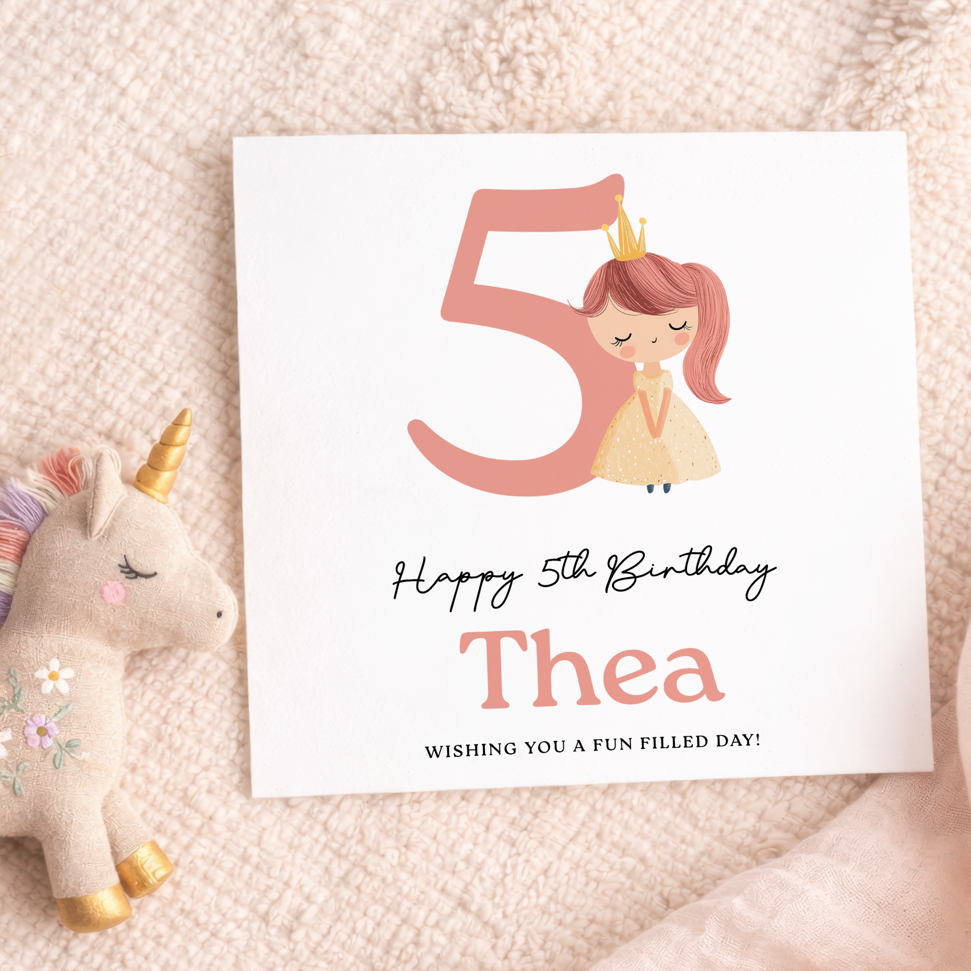 Personalised Princess Birthday Card for Girls Ages 3 4 5 6 – Cute Pink Princess Kids Birthday Card, Fun Party Card
