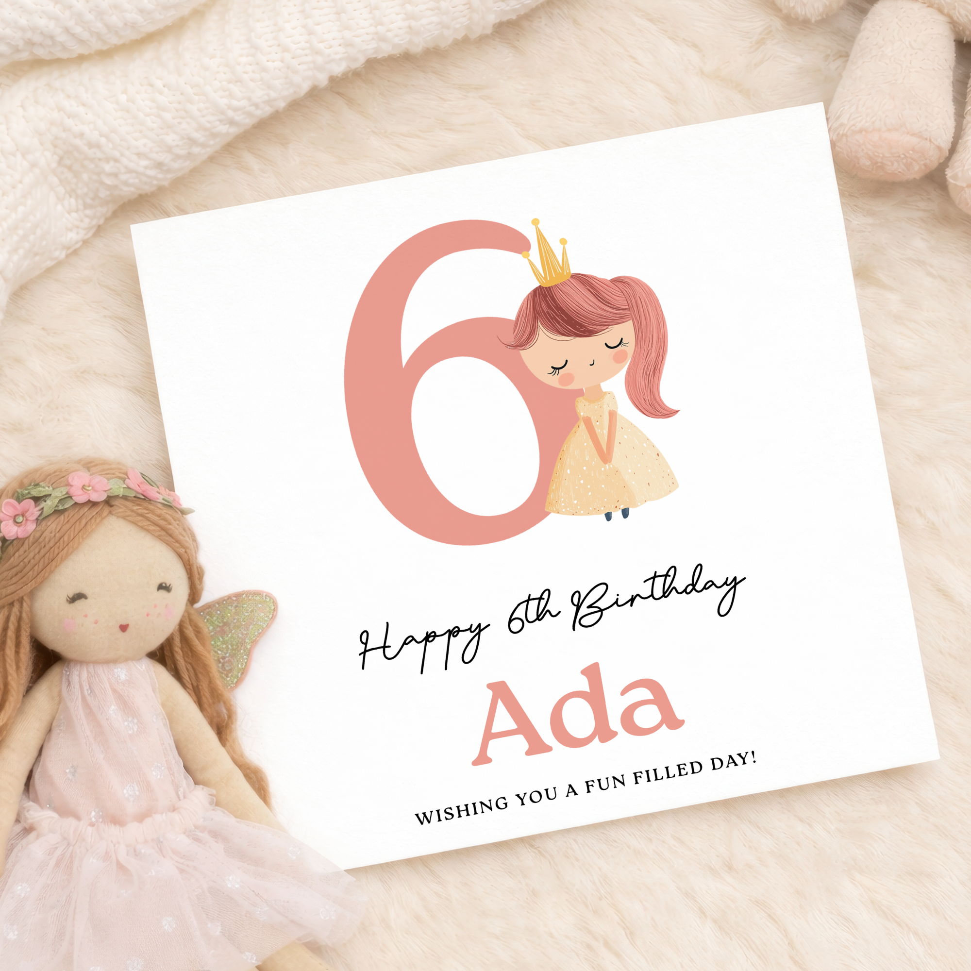 Personalised Princess Birthday Card for Girls Ages 3 4 5 6 – Cute Pink Princess Kids Birthday Card, Fun Party Card