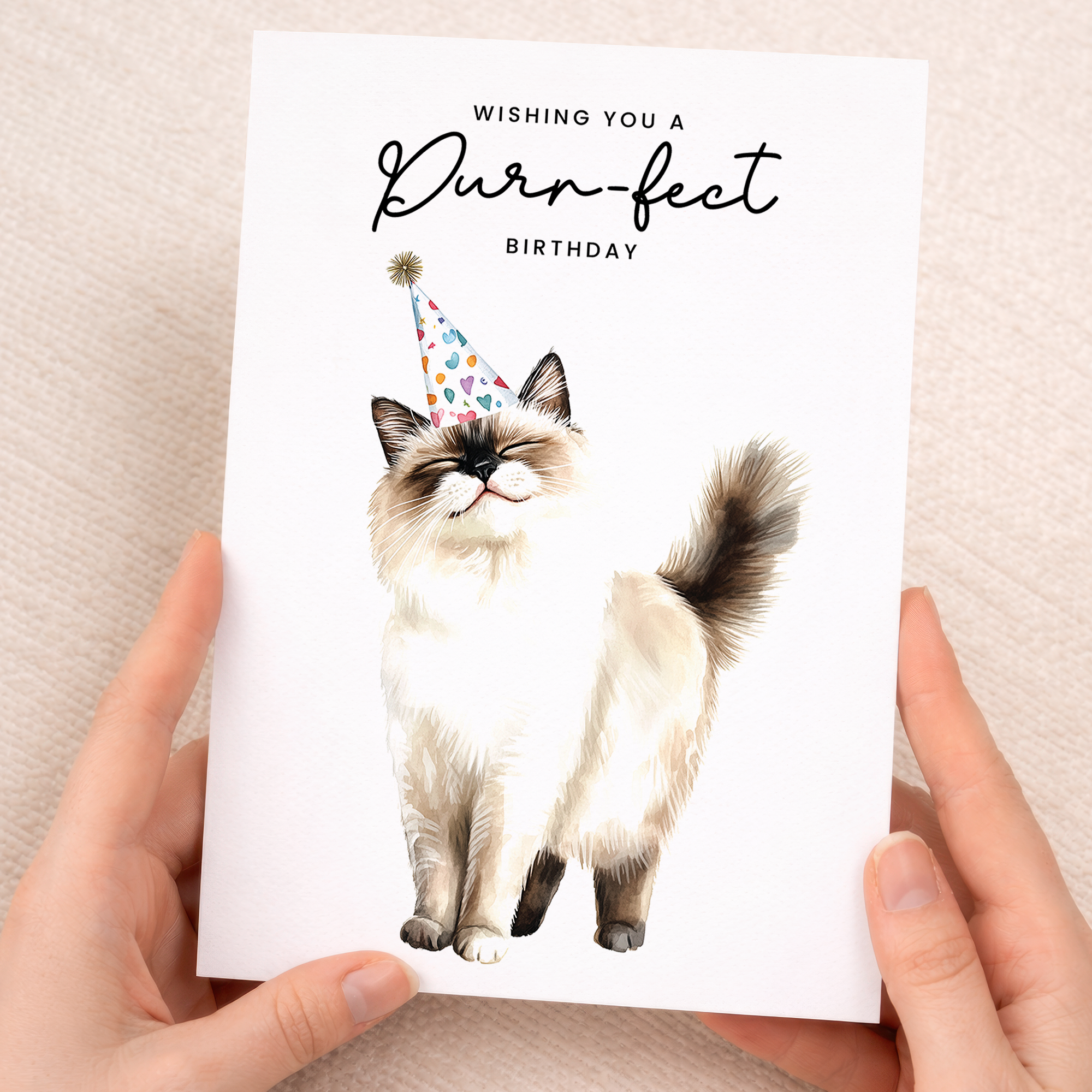 A cute Ragdoll cat with striking blue eyes wearing a colorful party hat, with the text Purr-fect Birthday on a 5x7 portrait greeting card.