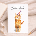 Orange Tabby Cat Birthday Card featuring a cute ginger cat wearing a colorful party hat with the text Purr-fect Birthday.