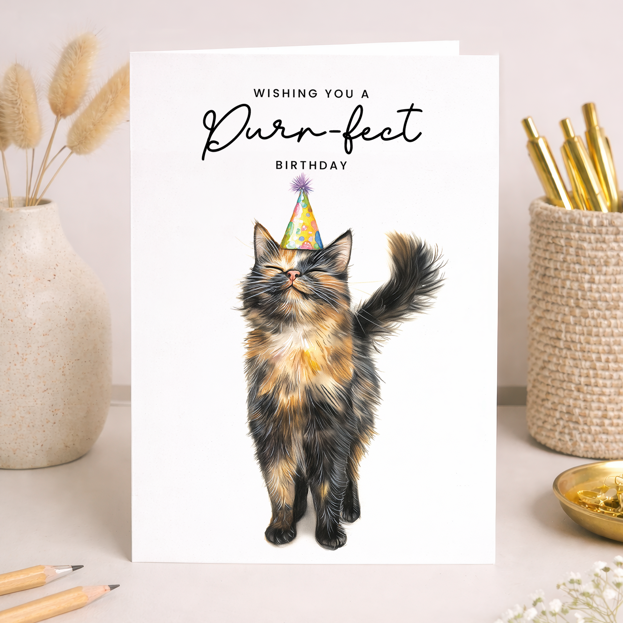 A birthday greeting card featuring an illustration of a cute tortoiseshell cat wearing a colorful party hat.