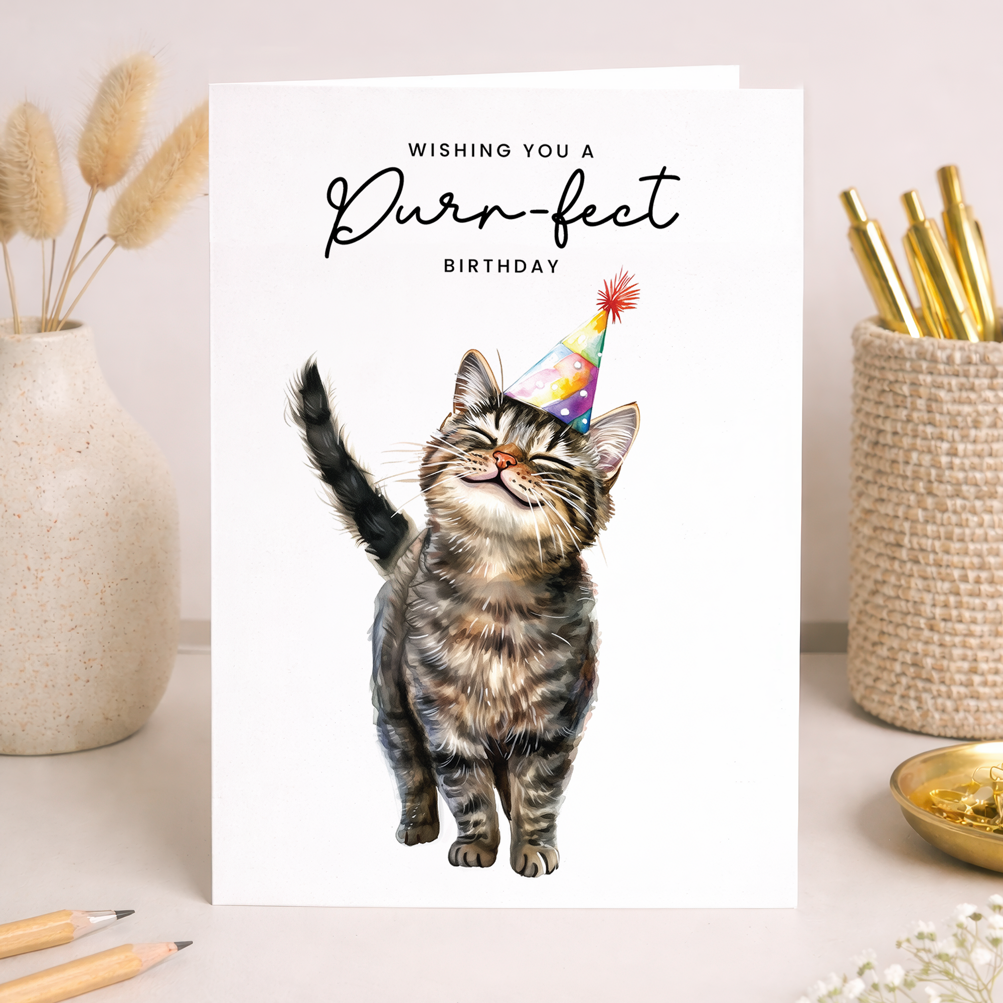 Illustration of a cute brown tabby cat wearing a colorful party hat on a white birthday greeting card.