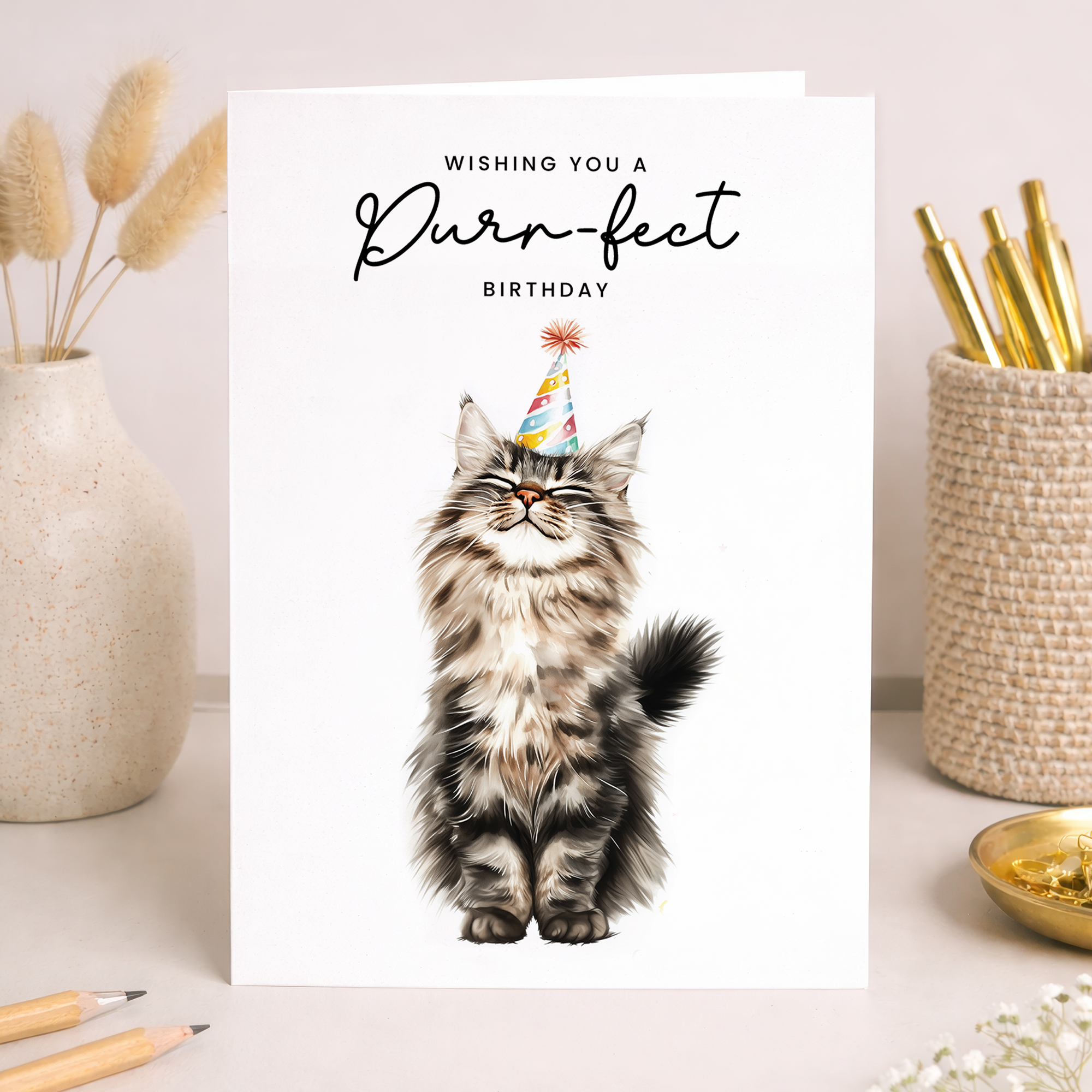 A fluffy Maine Coon cat wearing a colorful party hat on a minimalist birthday greeting card.