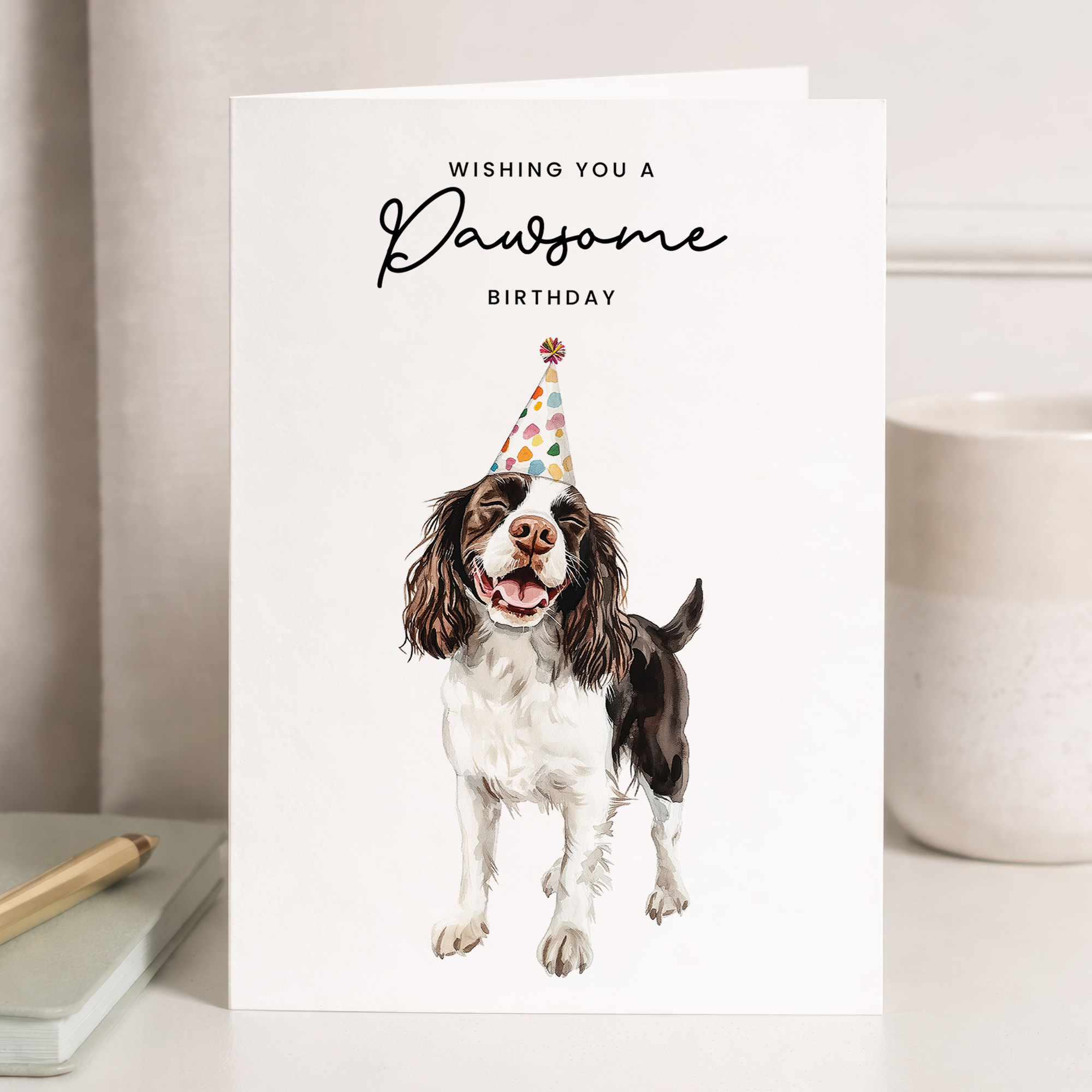 Charming illustration of a Springer Spaniel wearing a colorful party hat on a white background with a "Wishing You a Pawsome Birthday" greeting.