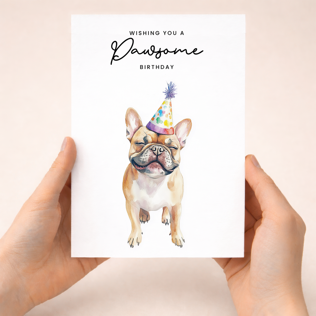 A cute French Bulldog wearing a colorful party hat on a birthday greeting card for dog lovers.