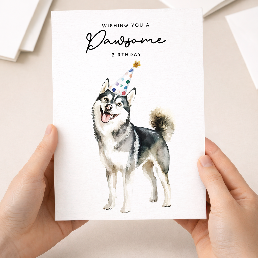Husky birthday card featuring a cute dog wearing a blue party hat and surrounded by colorful confetti and a bone.