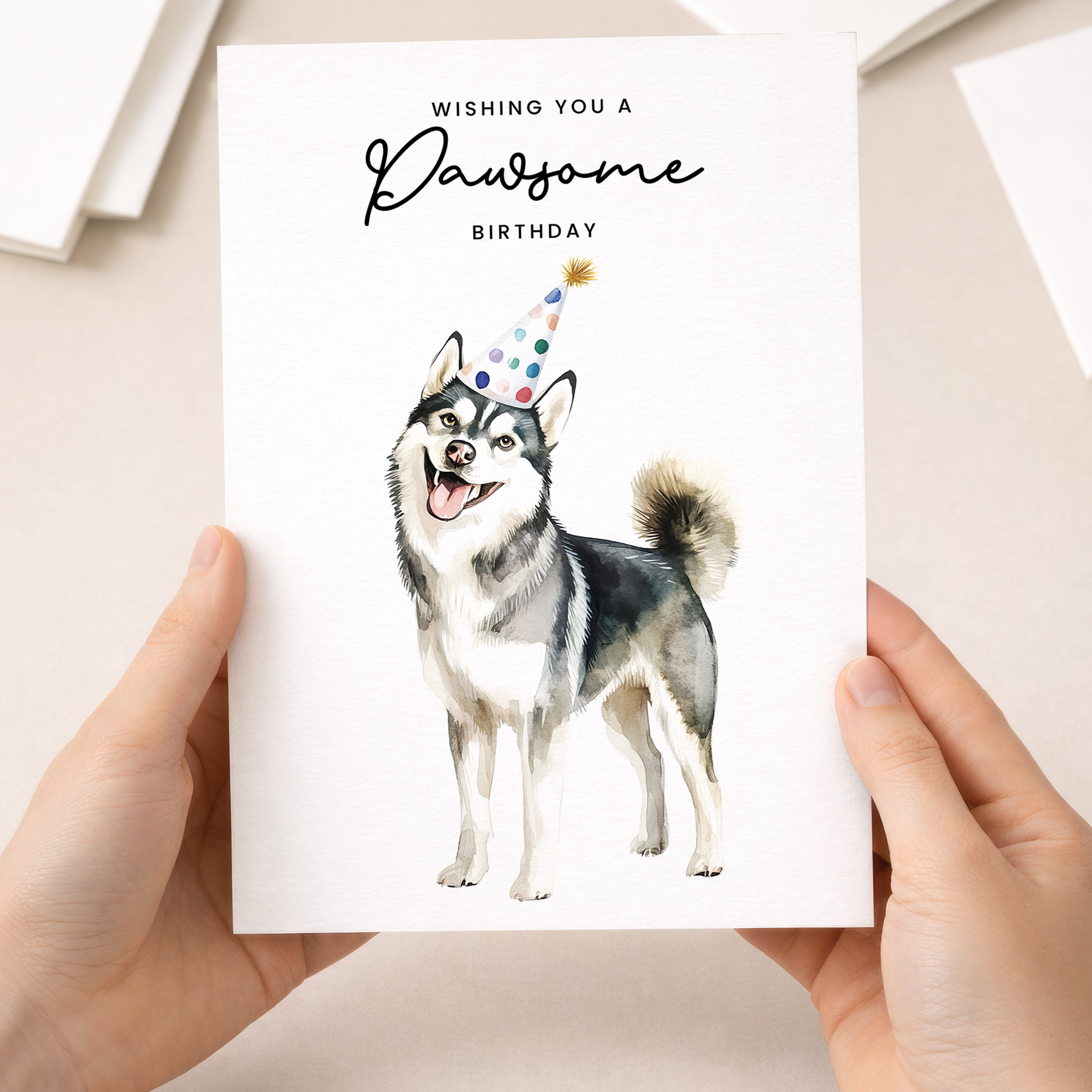 Husky birthday card featuring a cute dog wearing a blue party hat and surrounded by colorful confetti and a bone.