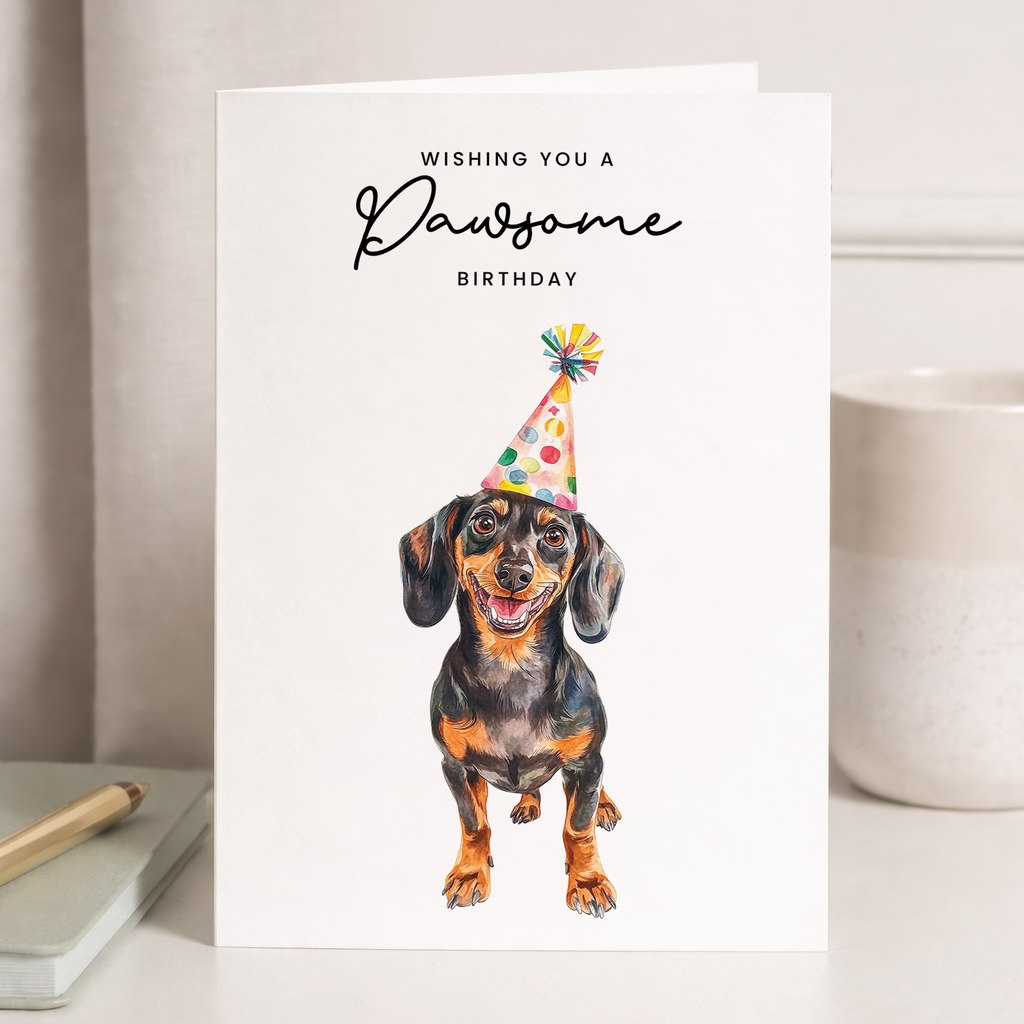 Dachshund Birthday Card – Sausage Dog Lover Card with Party Hat – Pawsome Birthday Greeting Card for Dog Owners